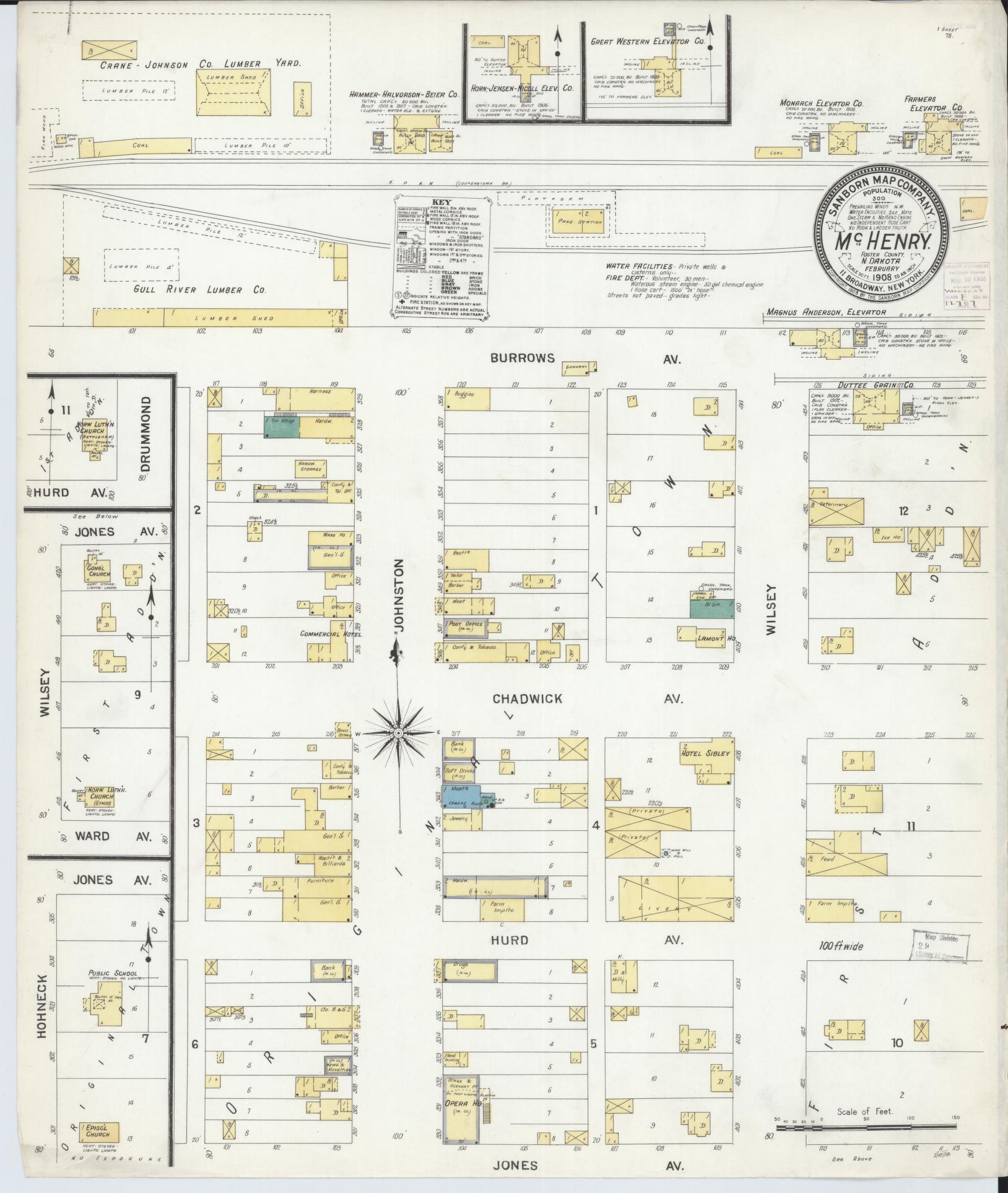 Sanborn Fire Insurance Map from McHenry, Foster County, North Dakota (1908), Sheet #0001 - Historic Sanborn Fire Insurance Map Print, vintage old map wall art, antique decor, genealogy gift, North Dakota North Dakota map