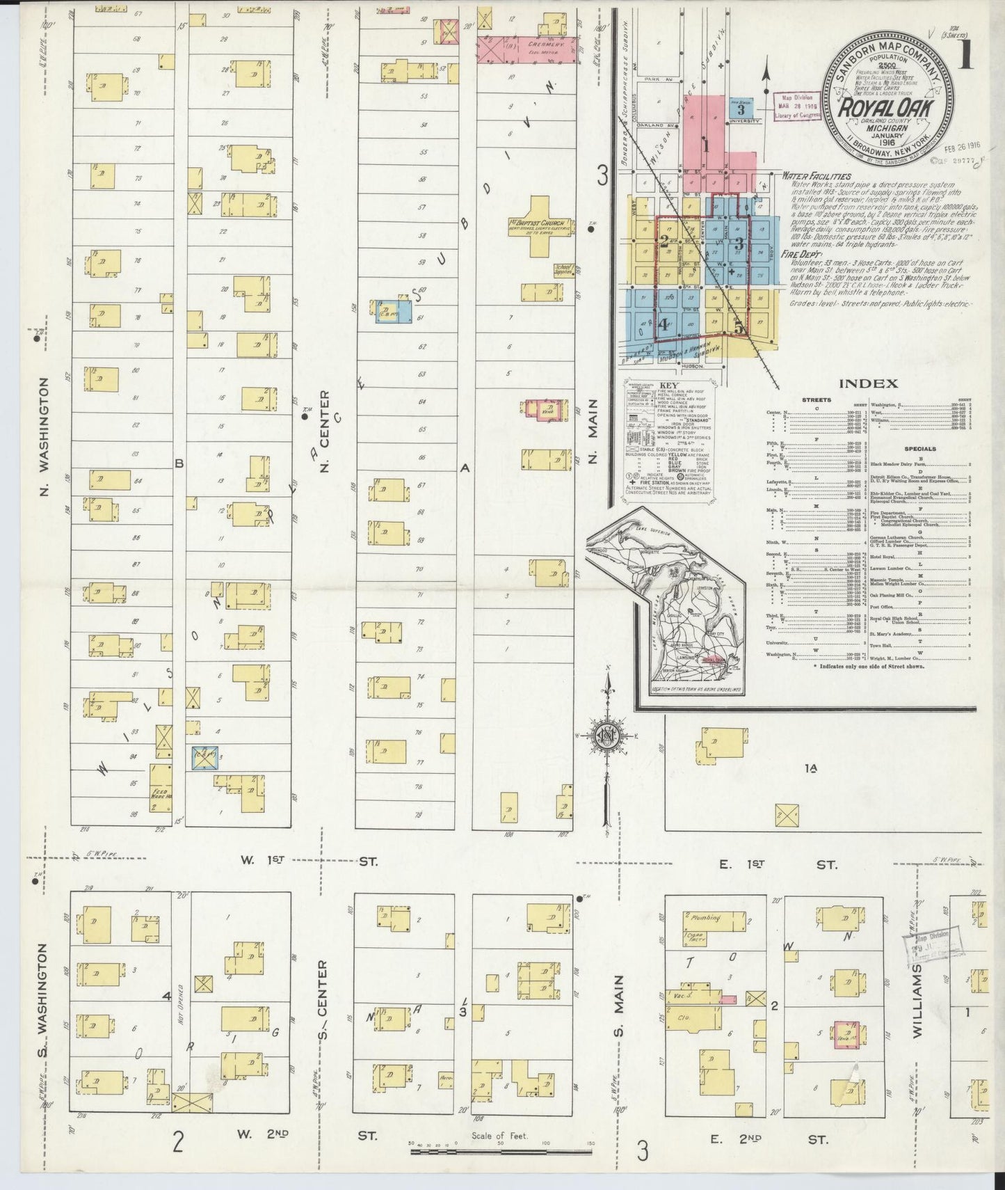 Sanborn Fire Insurance Map from Royal Oak, Oakland County, Michigan (1916), Sheet #0001 - Complete Map Set gallery image, historic Sanborn map, vintage wall art, Michigan Michigan