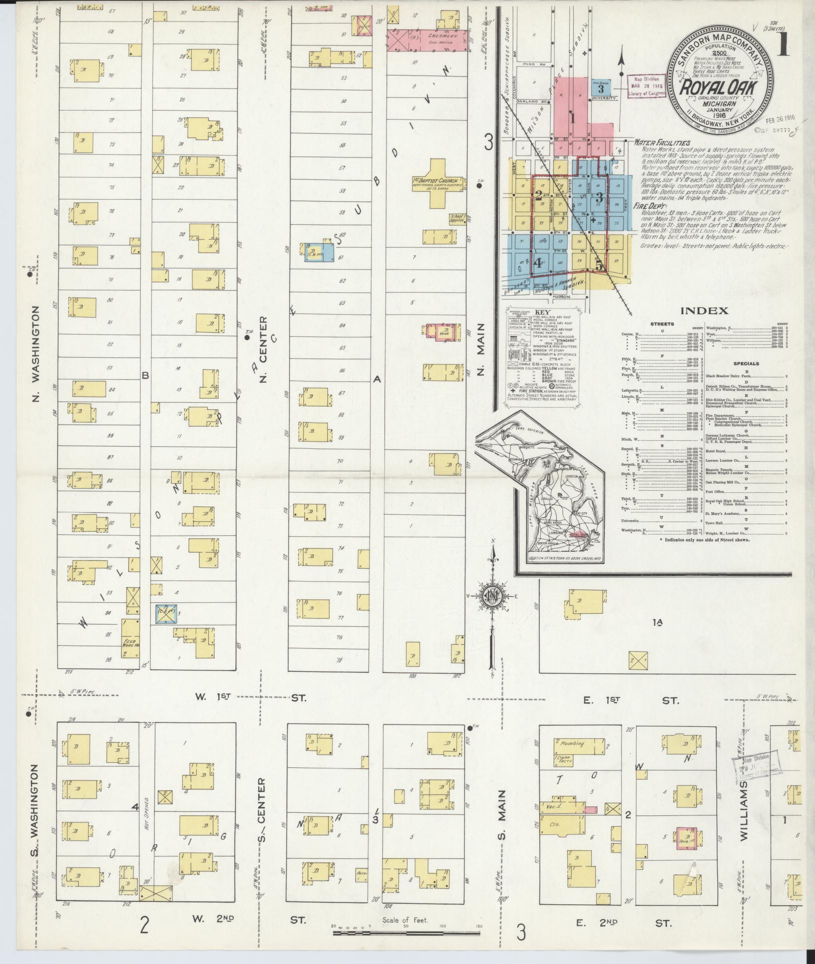 Sanborn Fire Insurance Map from Royal Oak, Oakland County, Michigan (1916), Sheet #0001 - Complete Map Set gallery image, historic Sanborn map, vintage wall art, Michigan Michigan