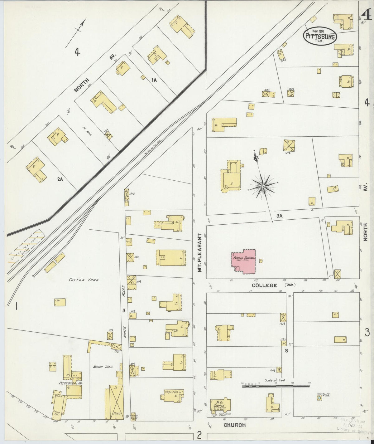 Sanborn Fire Insurance Map from Pittsburg, Camp County, Texas (1901), Sheet #0004 - Complete Map Set gallery image, historic Sanborn map, vintage wall art, Texas Texas