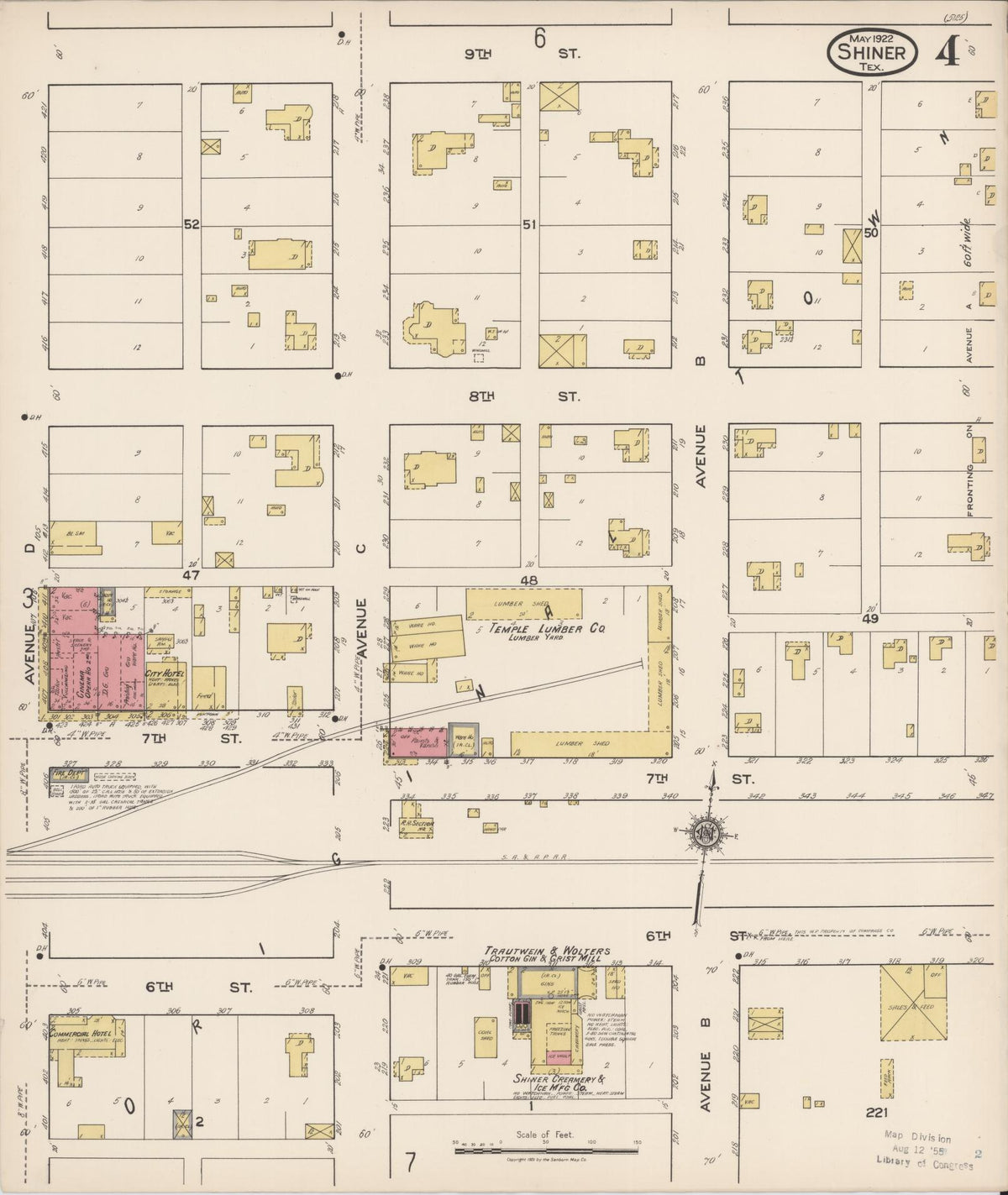 Sanborn Fire Insurance Map from Shiner, Lavaca County, Texas (1922), Sheet #0004 - Historic Sanborn Fire Insurance Map Print, vintage old map wall art, antique decor, genealogy gift, Texas Texas map