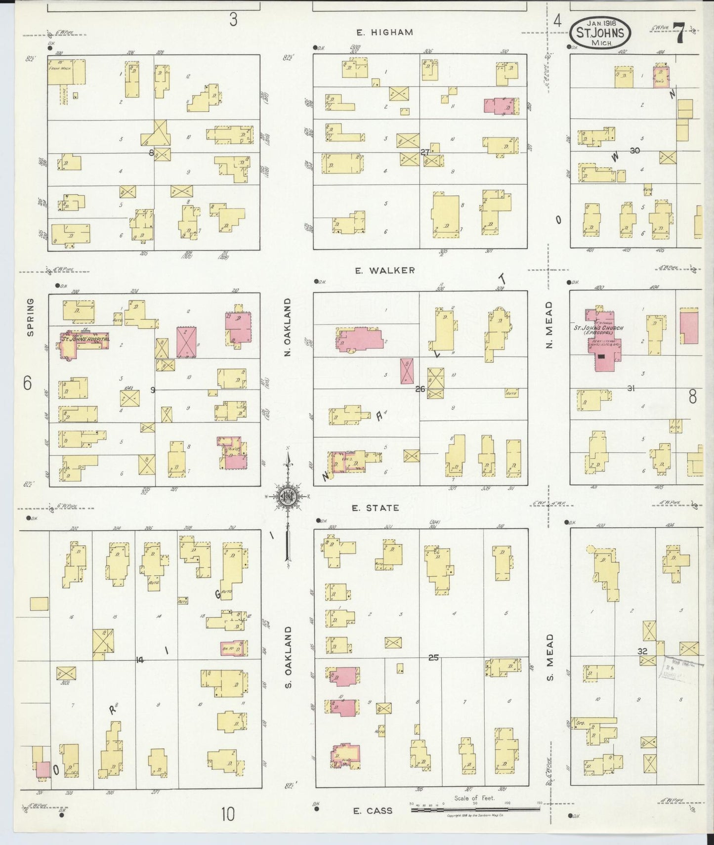 Sanborn Fire Insurance Map from Saint Johns, Clinton County, Michigan (1918), Sheet #0007 - Historic Sanborn Fire Insurance Map Print, vintage old map wall art, antique decor, genealogy gift, Michigan Michigan map