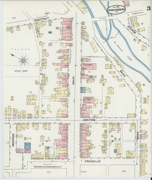 Sanborn Fire Insurance Map from Stroudsburg, Monroe County, Pennsylvania (1892), Sheet #0003 - Historic Sanborn Fire Insurance Map Print, vintage old map wall art, antique decor, genealogy gift, Pennsylvania Pennsylvania map