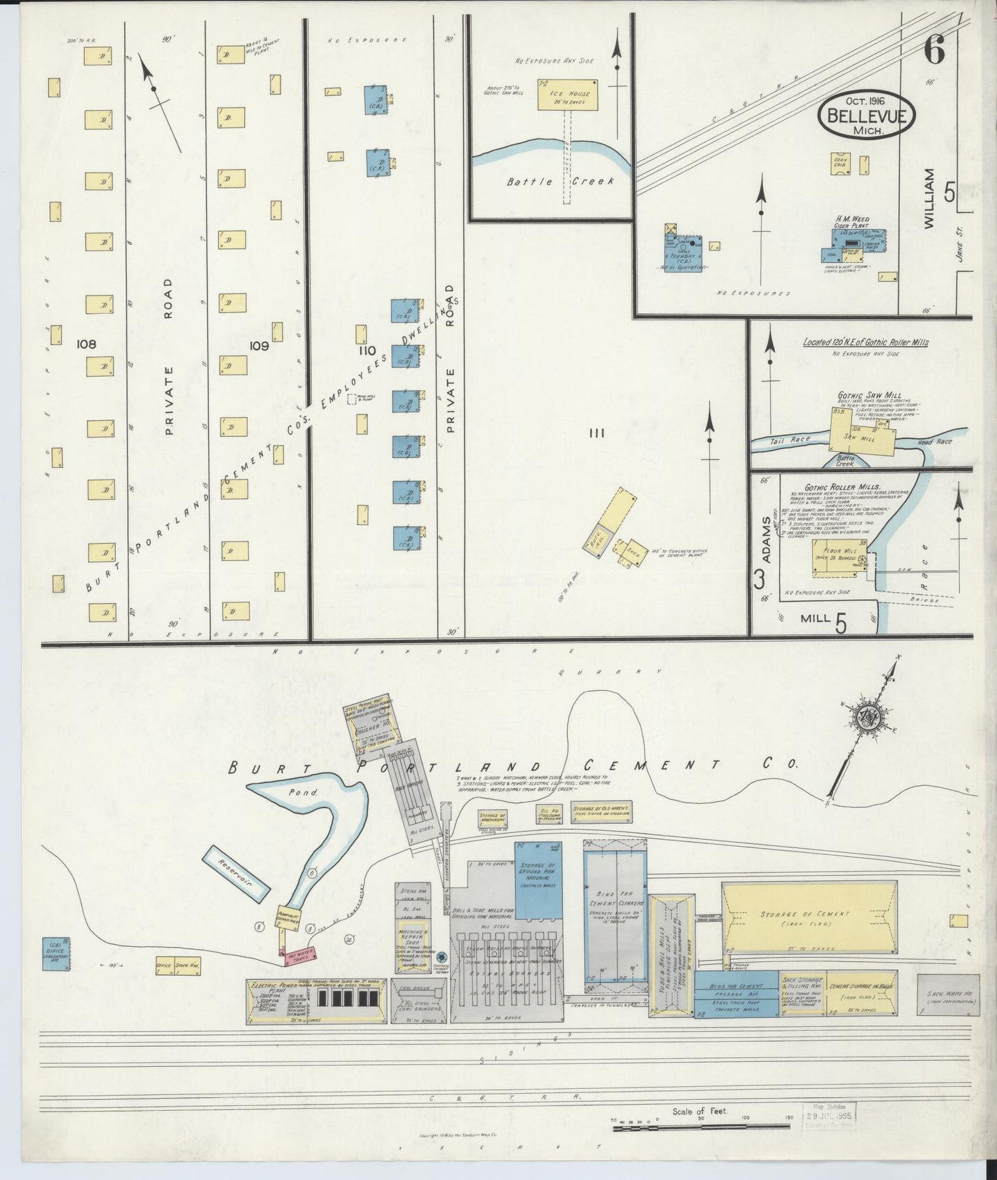 Sanborn Fire Insurance Map from Bellevue, Eaton County, Michigan (1916), Sheet #0006 - Historic Sanborn Fire Insurance Map Print, vintage old map wall art, antique decor, genealogy gift, Michigan Michigan map