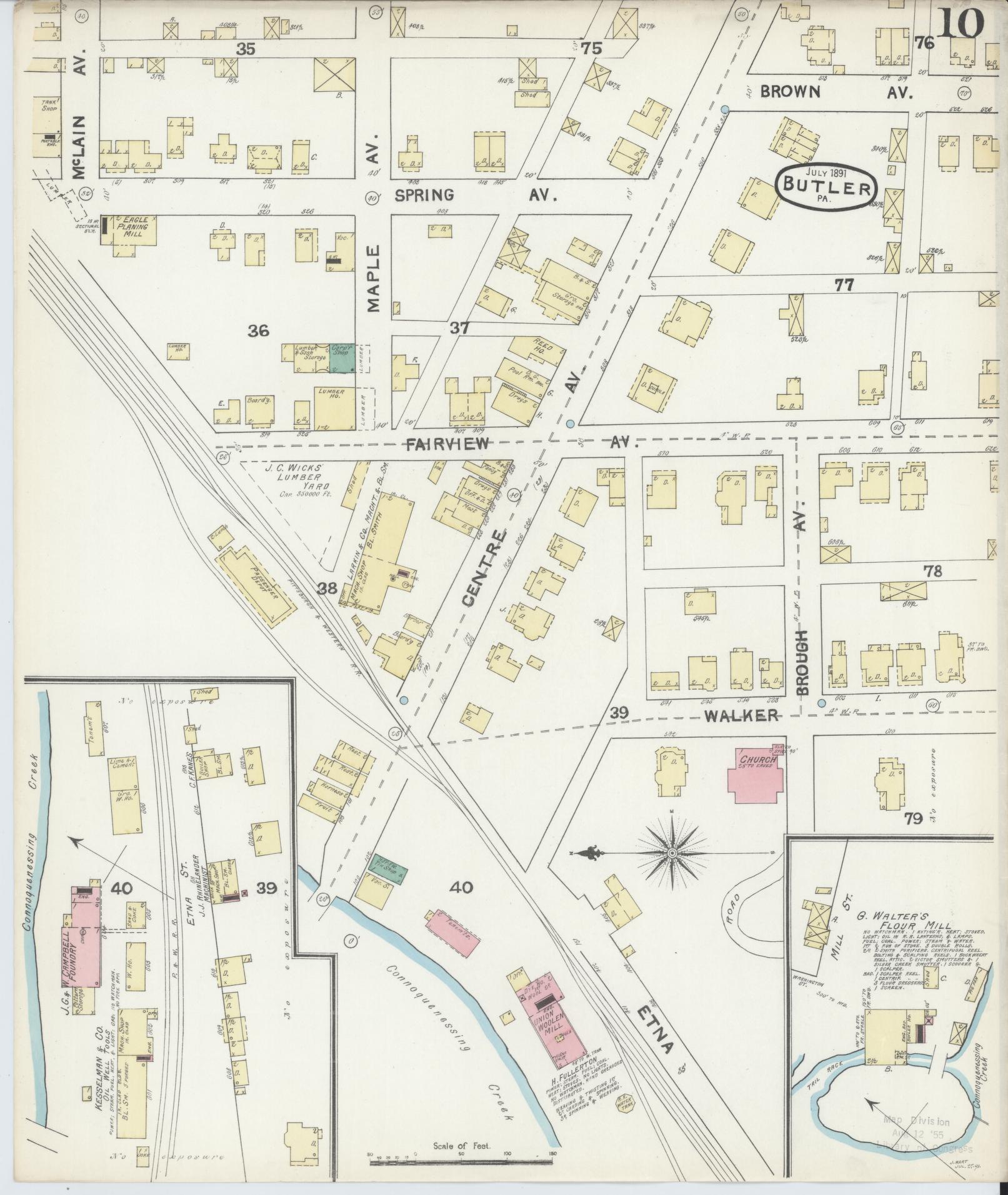 Sanborn Fire Insurance Map from Butler, Butler County, Pennsylvania (1891), Sheet #0010 - Historic Sanborn Fire Insurance Map Print, vintage old map wall art, antique decor, genealogy gift, Pennsylvania Pennsylvania map
