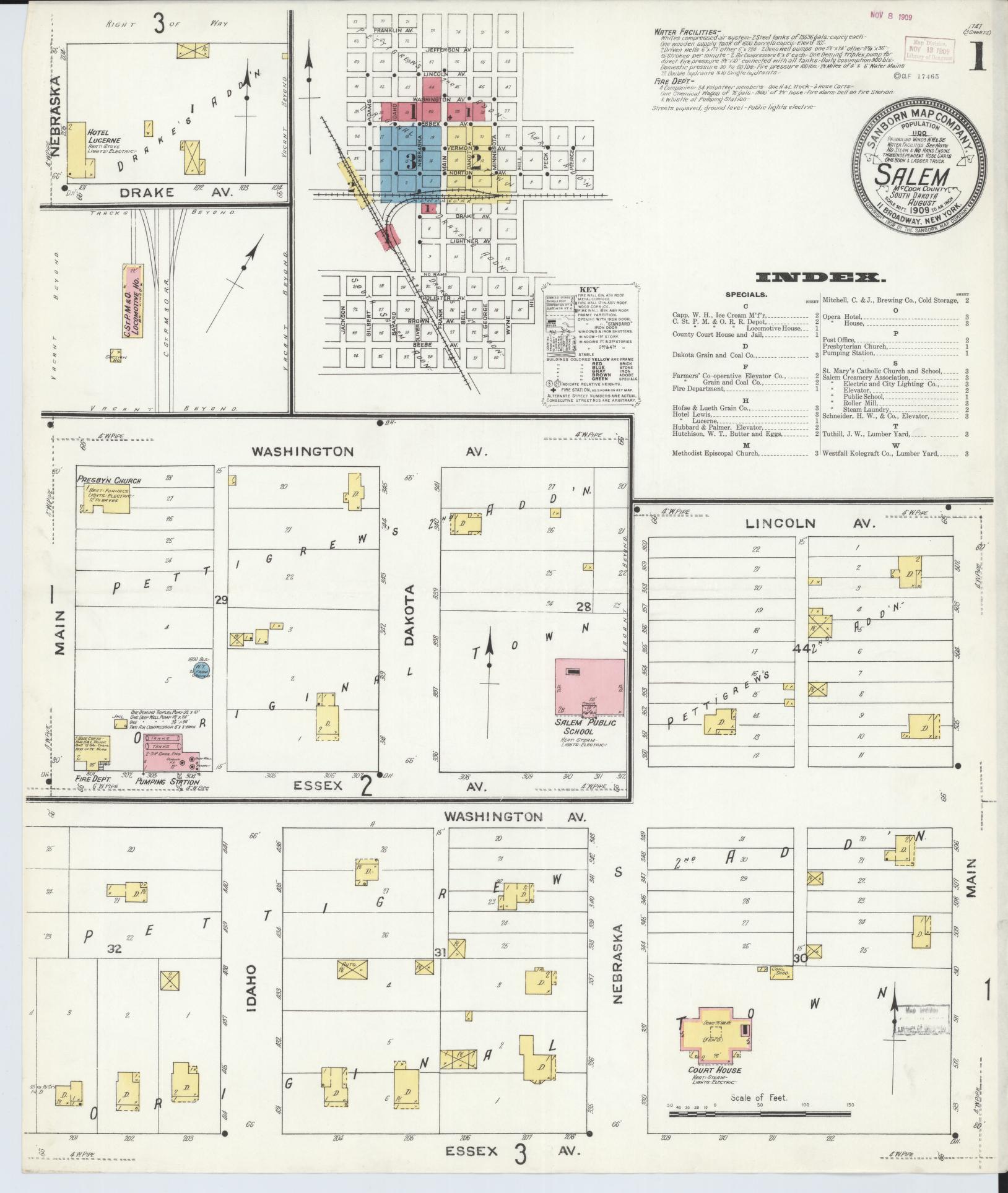 Sanborn Fire Insurance Map from Salem, McCook County, South Dakota (1909), Sheet #0001 - Complete Map Set gallery image, historic Sanborn map, vintage wall art, South Dakota South Dakota