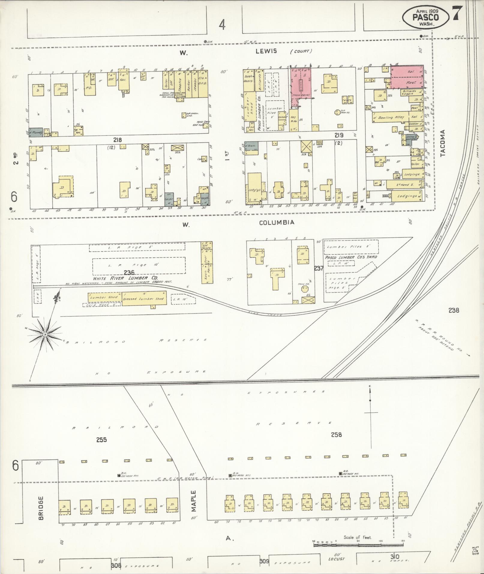 Sanborn Fire Insurance Map from Pasco, Franklin County, Washington (1909), Sheet #0007 - Historic Sanborn Fire Insurance Map Print, vintage old map wall art, antique decor, genealogy gift, Washington Washington map