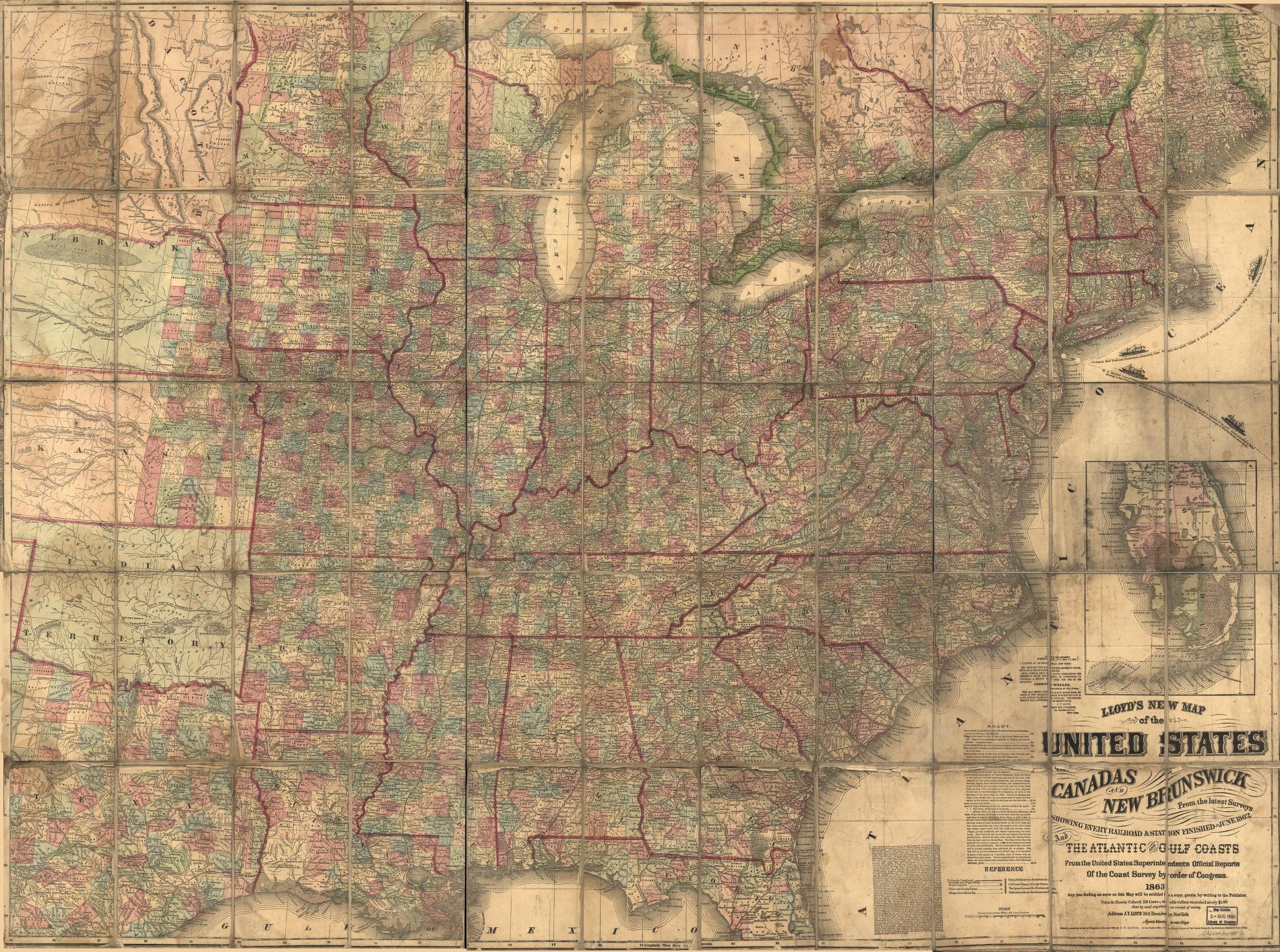 Lloyd's new map of the United States, the Canadas and New Brunswick, and the Atlantic and Gulf coasts Civil War Map (1863) - Historic Battlefield Map Reprint