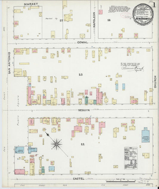 Sanborn Fire Insurance Map from New Braunfels, Comal County, Texas (1891), Sheet #0001 - Complete Map Set gallery image, historic Sanborn map, vintage wall art, Texas Texas