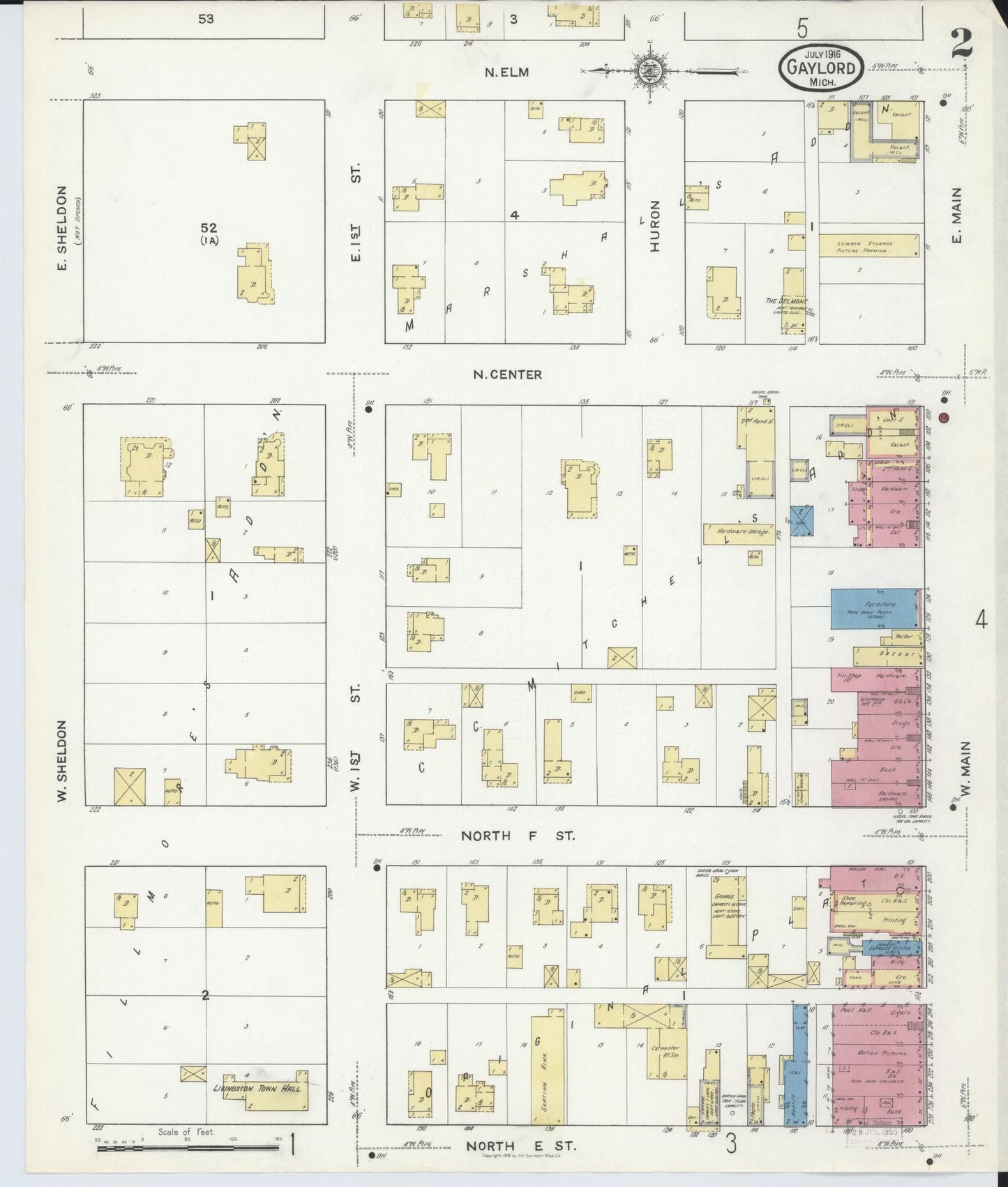 Sanborn Fire Insurance Map from Gaylord, Otsego County, Michigan (1916), Sheet #0002 - Complete Map Set gallery image, historic Sanborn map, vintage wall art, Michigan Michigan