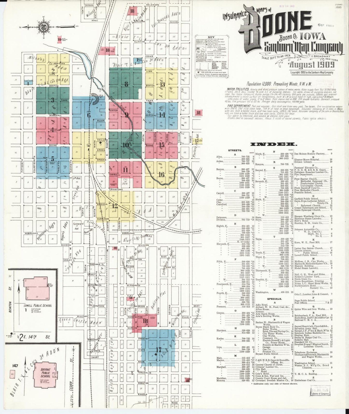Sanborn Fire Insurance Map from Boone, Boone County, Iowa (1909), Sheet #0001 - Historic Sanborn Fire Insurance Map Print, vintage old map wall art