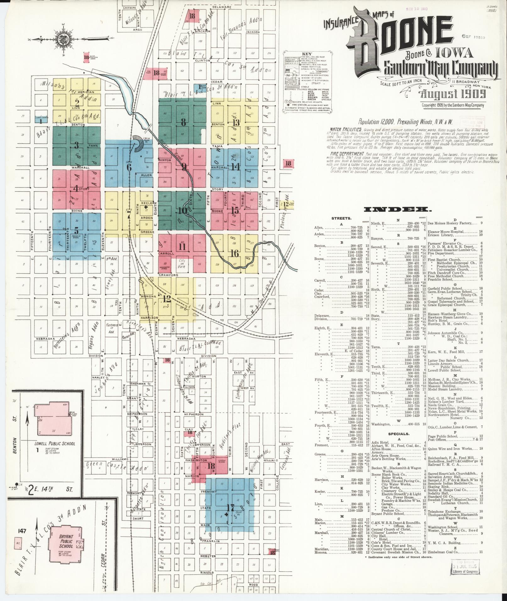 Sanborn Fire Insurance Map from Boone, Boone County, Iowa (1909), Sheet #0001 - Historic Sanborn Fire Insurance Map Print, vintage old map wall art