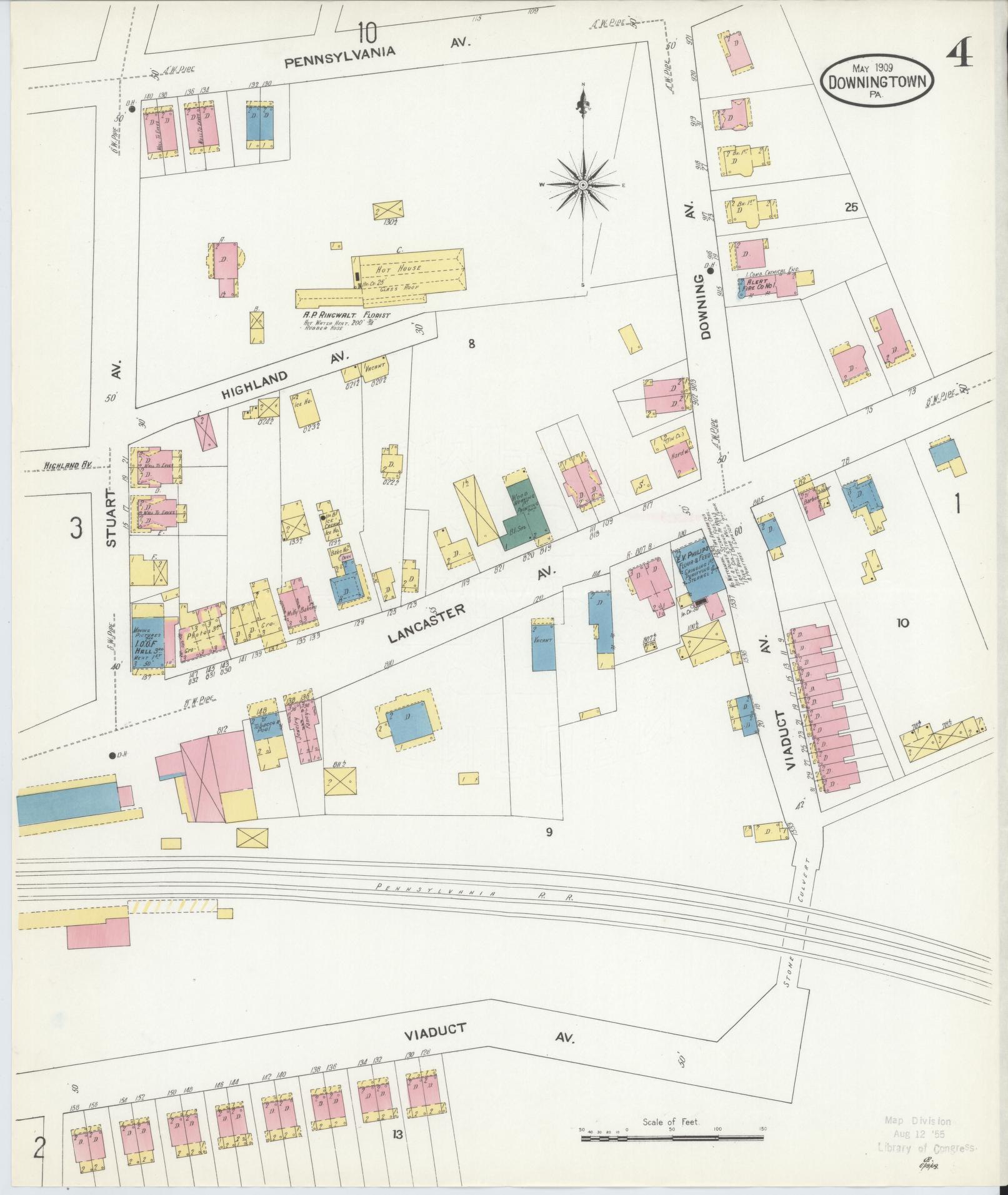 Sanborn Fire Insurance Map from Downingtown, Chester County, Pennsylvania (1909), Sheet #0004 - Historic Sanborn Fire Insurance Map Print, vintage old map wall art, antique decor, genealogy gift, Pennsylvania Pennsylvania map