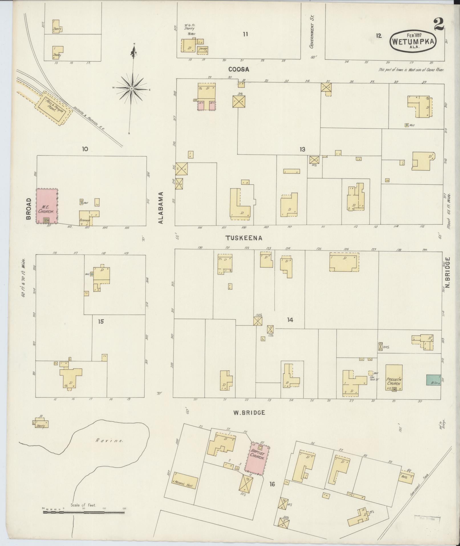 Sanborn Fire Insurance Map from Wetumpka, Elmore County, Alabama (1897), Sheet #0002 - Historic Sanborn Fire Insurance Map Print, vintage old map wall art, antique decor, genealogy gift, Alabama Alabama map