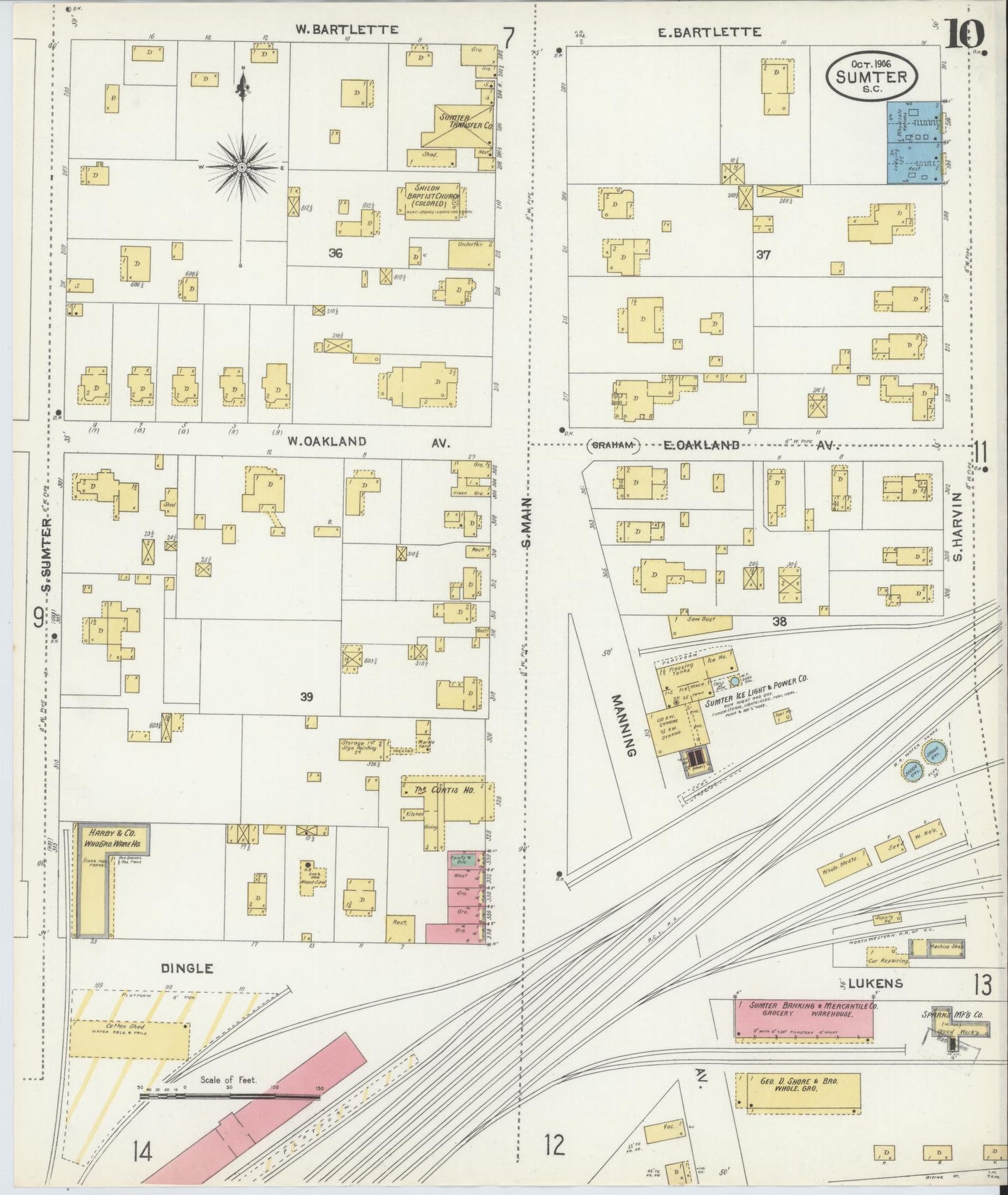 Sanborn Fire Insurance Map from Sumter, Sumter County, South Carolina (1906), Sheet #0010 - Historic Sanborn Fire Insurance Map Print, vintage old map wall art, antique decor, genealogy gift, South Carolina South Carolina map