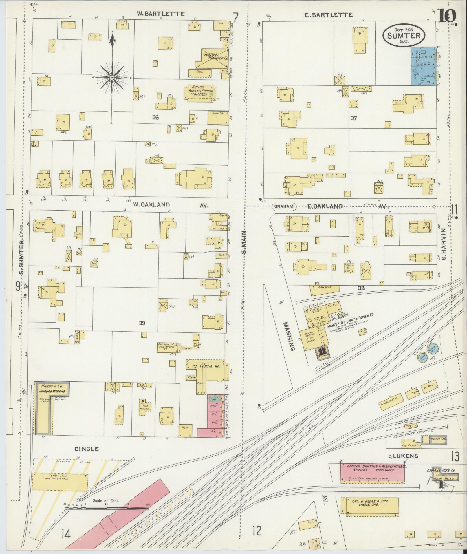 Sanborn Fire Insurance Map from Sumter, Sumter County, South Carolina (1906), Sheet #0010 - Historic Sanborn Fire Insurance Map Print, vintage old map wall art, antique decor, genealogy gift, South Carolina South Carolina map