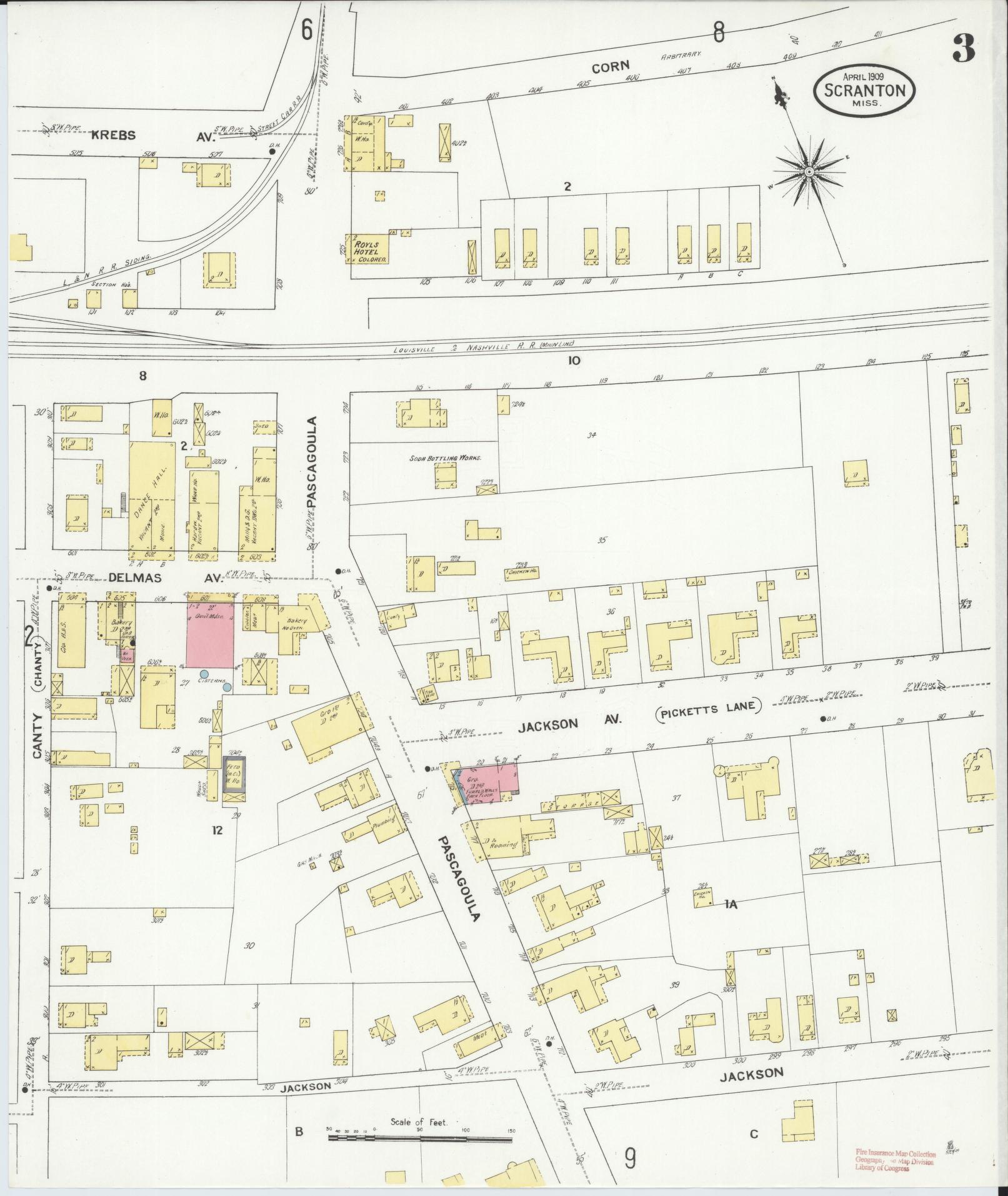 Sanborn Fire Insurance Map from Scranton, Jackson County, Mississippi (1909), Sheet #0003 - Historic Sanborn Fire Insurance Map Print, vintage old map wall art, antique decor, genealogy gift, Mississippi Mississippi map