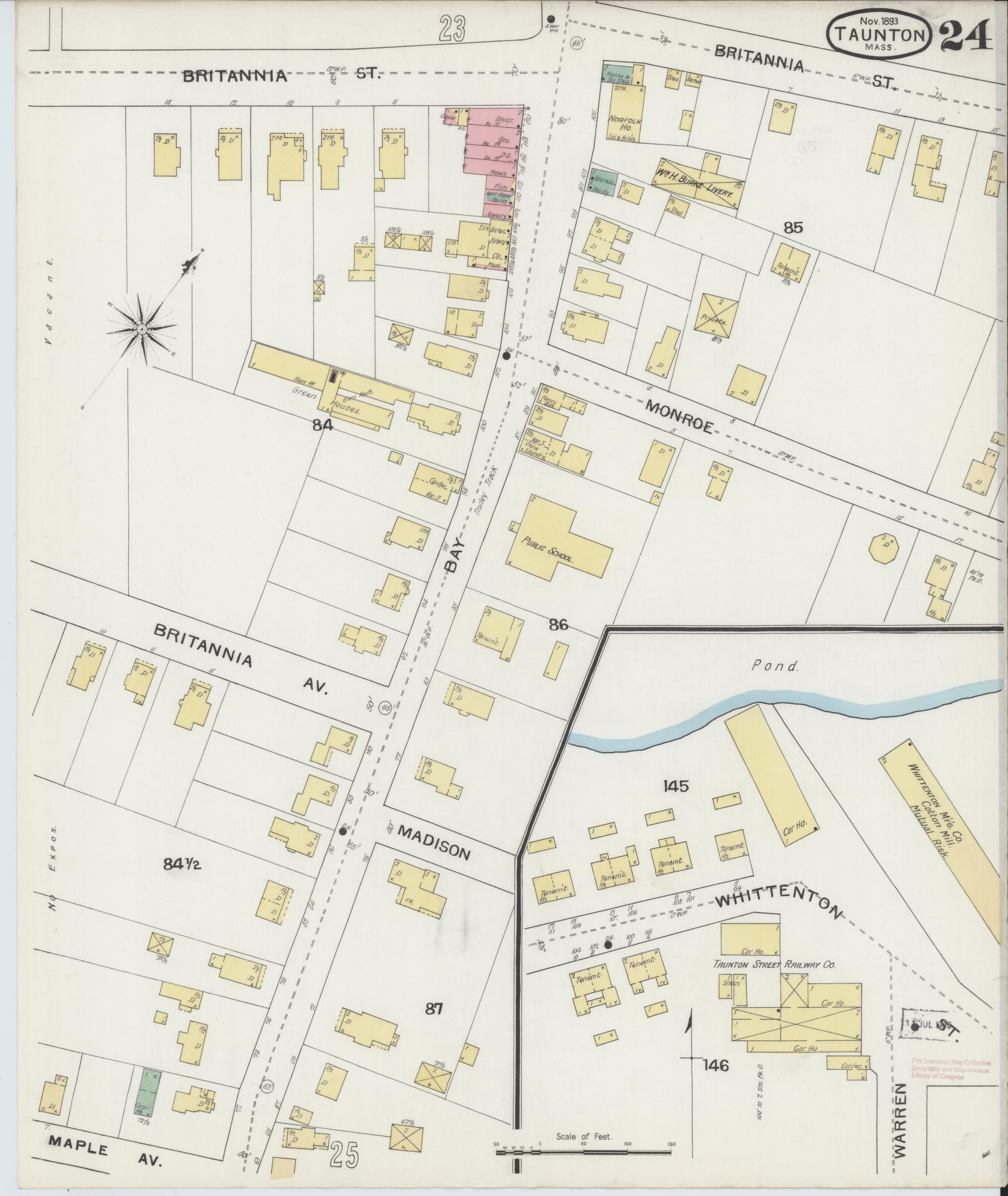 Sanborn Fire Insurance Map from Taunton, Bristol County, Massachusetts (1893), Sheet #0024 - Complete Map Set gallery image, historic Sanborn map, vintage wall art, Massachusetts Massachusetts