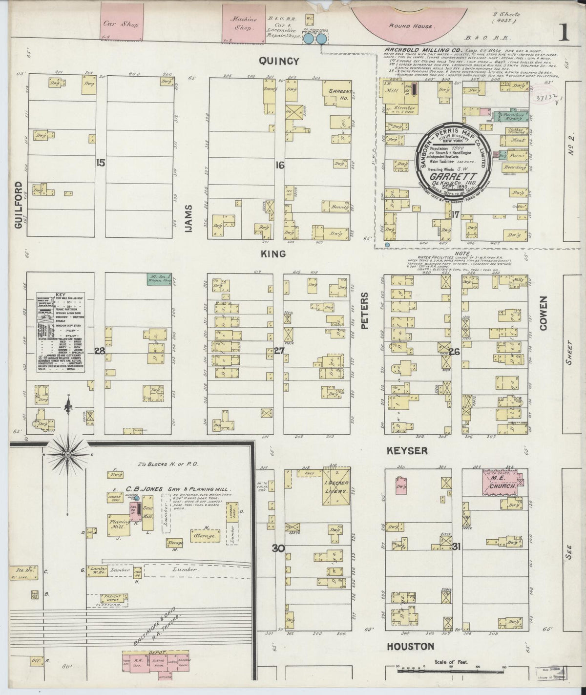 Sanborn Fire Insurance Map from Garrett, De Kalb County, Indiana (1890), Sheet #0001 - Historic Sanborn Fire Insurance Map Print, vintage old map wall art, antique decor, genealogy gift, Indiana Indiana map