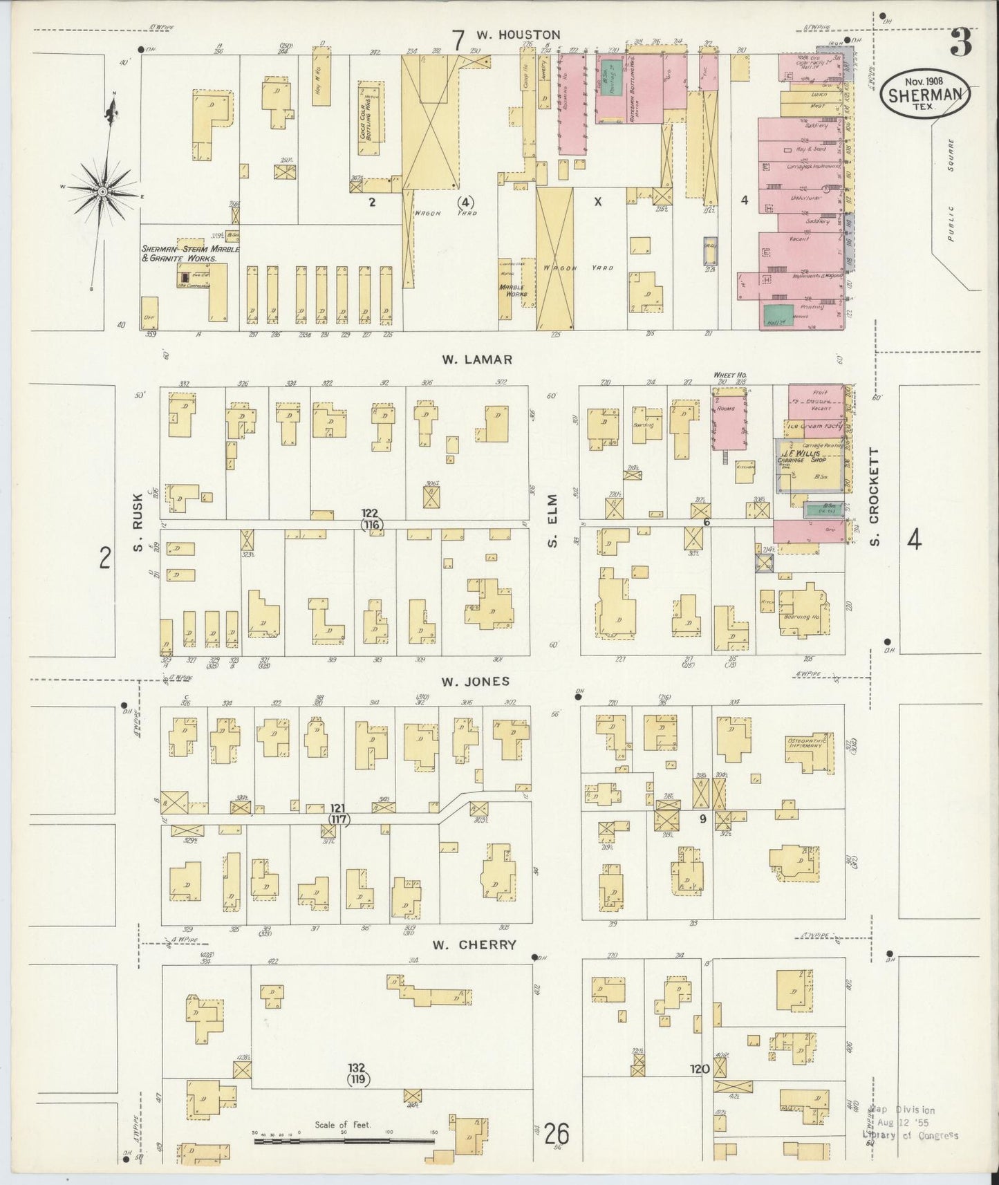 Sanborn Fire Insurance Map from Sherman, Grayson County, Texas (1908), Sheet #0003 - Historic Sanborn Fire Insurance Map Print, vintage old map wall art, antique decor, genealogy gift, Texas Texas map