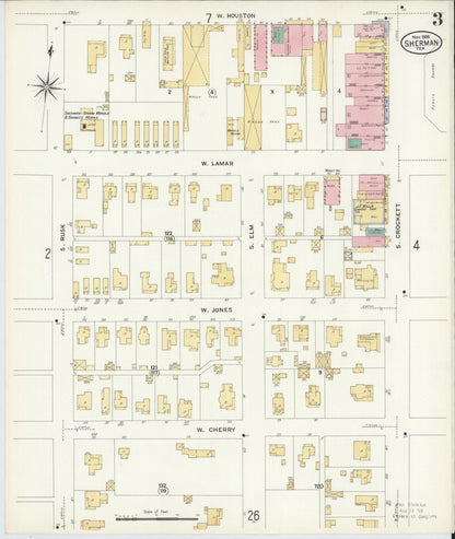 Sanborn Fire Insurance Map from Sherman, Grayson County, Texas (1908), Sheet #0003 - Historic Sanborn Fire Insurance Map Print, vintage old map wall art, antique decor, genealogy gift, Texas Texas map