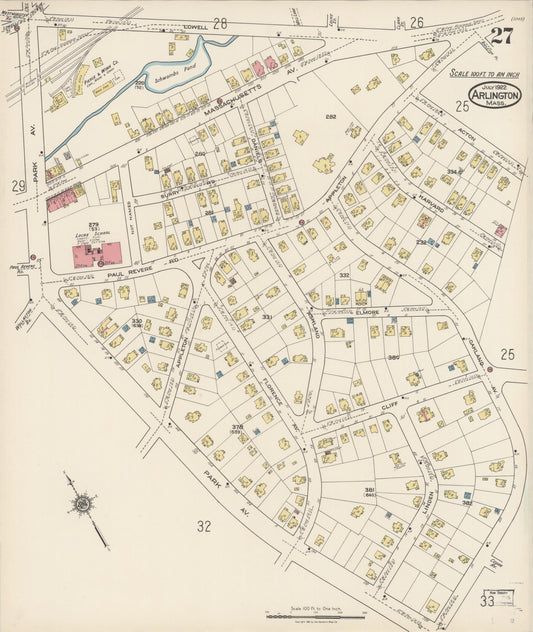 Sanborn Fire Insurance Map from Arlington, Middlesex County, Massachusetts (1922), Sheet #0027 - Historic Sanborn Fire Insurance Map Print, vintage old map wall art, antique decor, genealogy gift, Massachusetts Massachusetts map