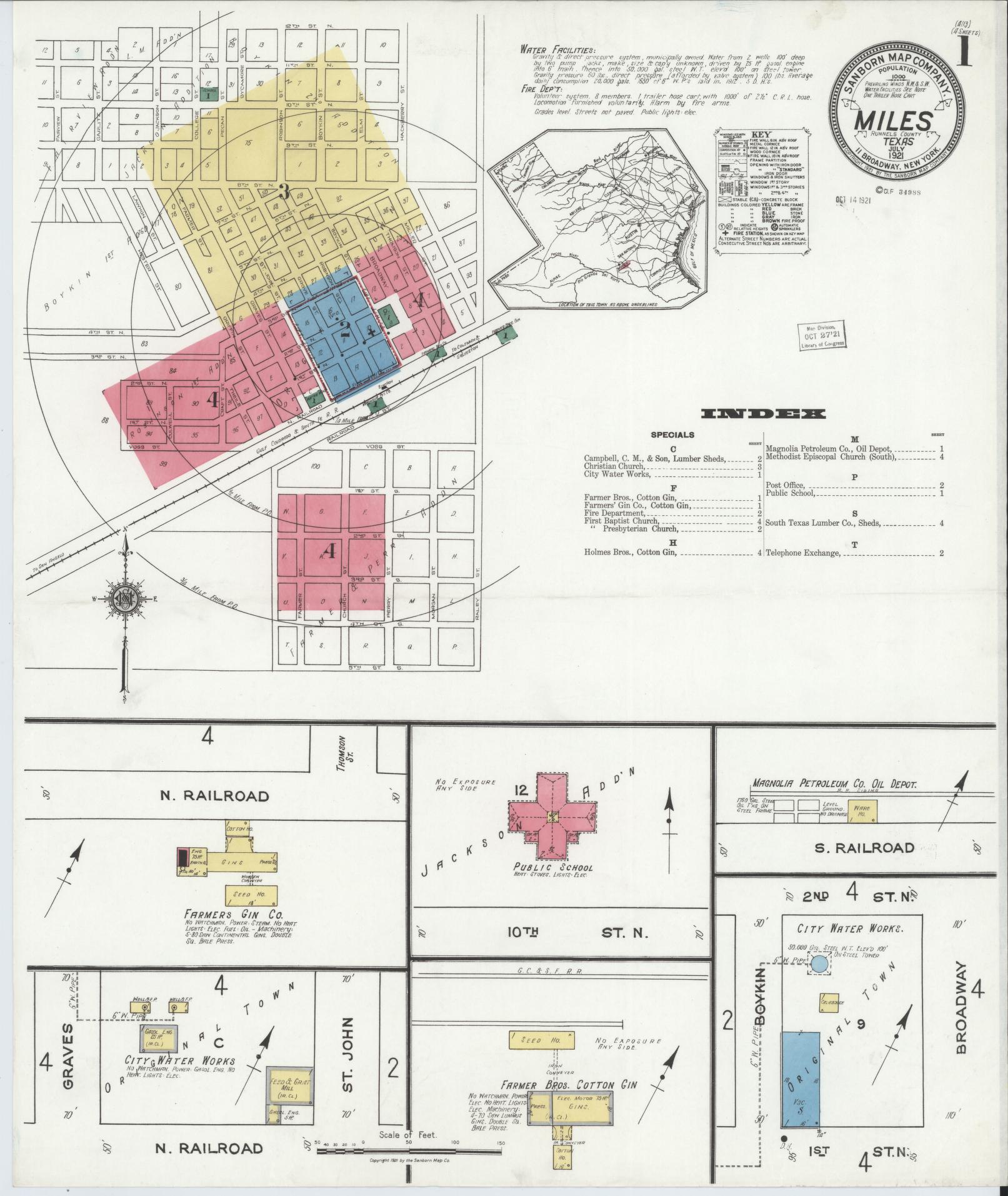 Sanborn Fire Insurance Map from Miles, Runnels County, Texas (1921), Sheet #0001 - Complete Map Set gallery image, historic Sanborn map, vintage wall art, Texas Texas