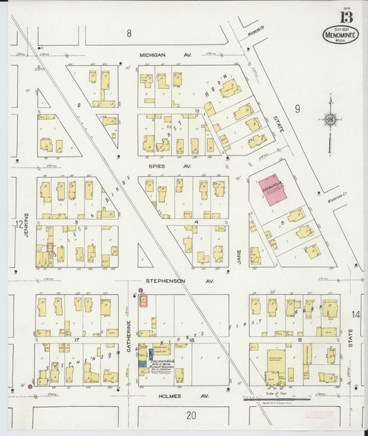 Sanborn Fire Insurance Map from Menominee, Menominee County, Michigan (1921), Sheet #0013 - Historic Sanborn Fire Insurance Map Print, vintage old map wall art, antique decor, genealogy gift, Michigan Michigan map