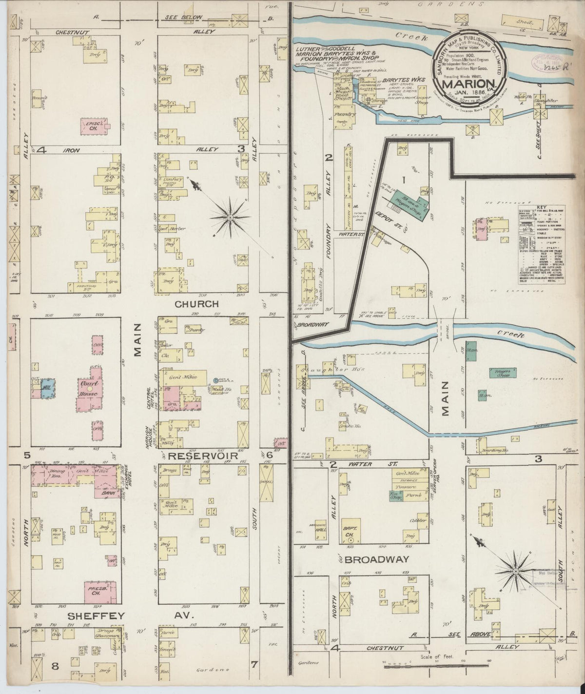 Sanborn Fire Insurance Map from Marion, Smyth County, Virginia (1886), Sheet #0001 - Historic Sanborn Fire Insurance Map Print, vintage old map wall art, antique decor, genealogy gift, Virginia Virginia map