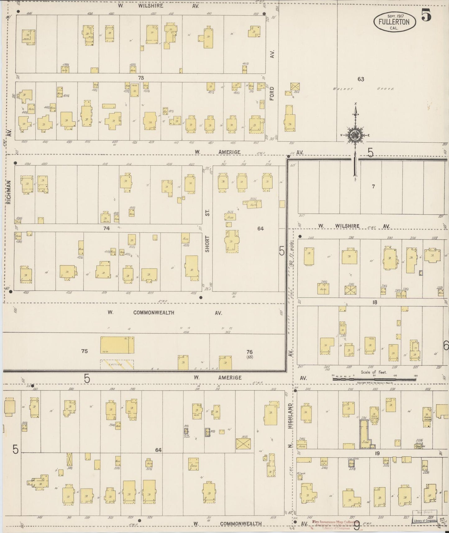 Sanborn Fire Insurance Map from Fullerton, Orange County, California (1917), Sheet #0005 - Historic Sanborn Fire Insurance Map Print, vintage old map wall art, antique decor, genealogy gift, California California map