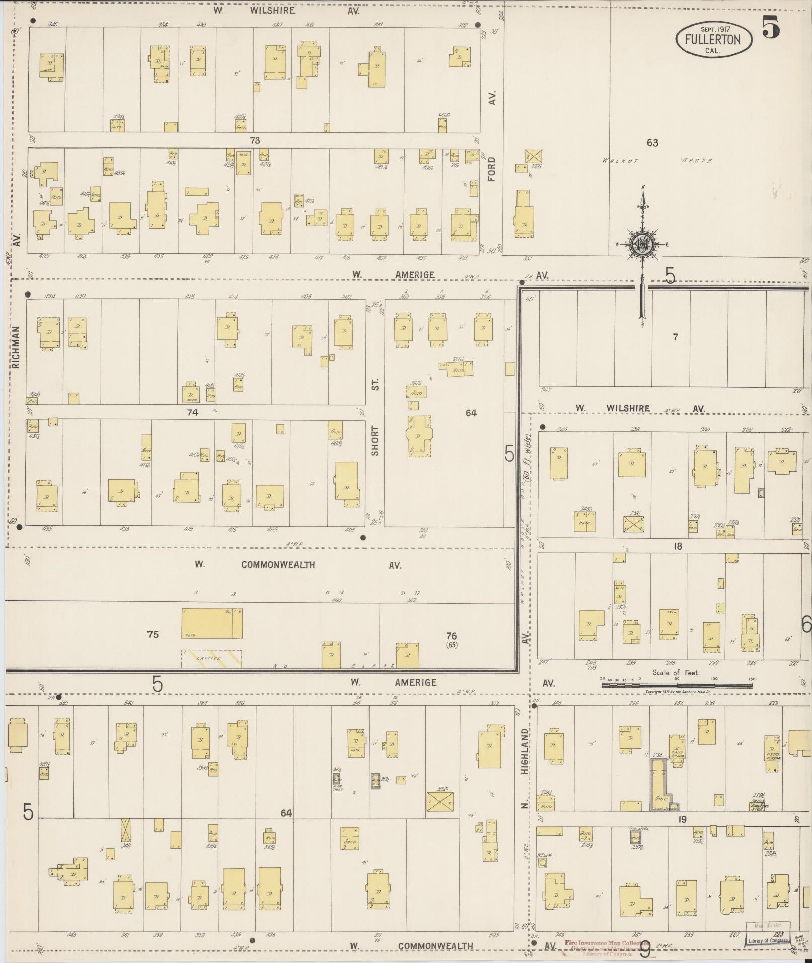Sanborn Fire Insurance Map from Fullerton, Orange County, California (1917), Sheet #0005 - Historic Sanborn Fire Insurance Map Print, vintage old map wall art, antique decor, genealogy gift, California California map