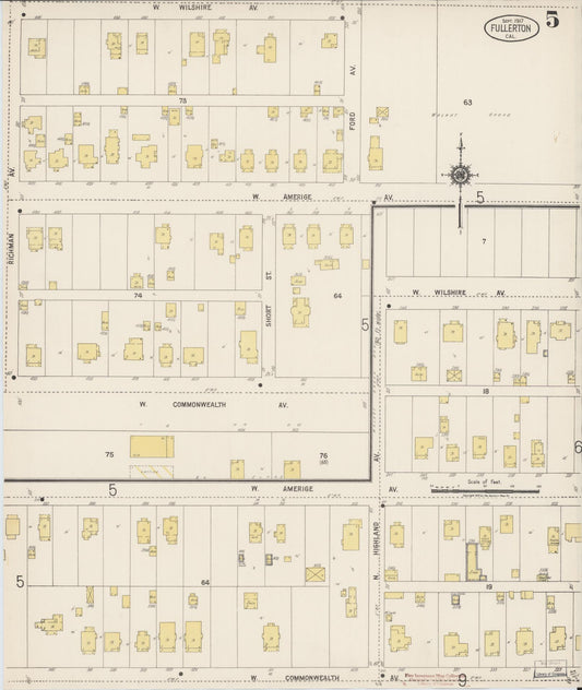 Sanborn Fire Insurance Map from Fullerton, Orange County, California (1917), Sheet #0005 - Historic Sanborn Fire Insurance Map Print, vintage old map wall art, antique decor, genealogy gift, California California map