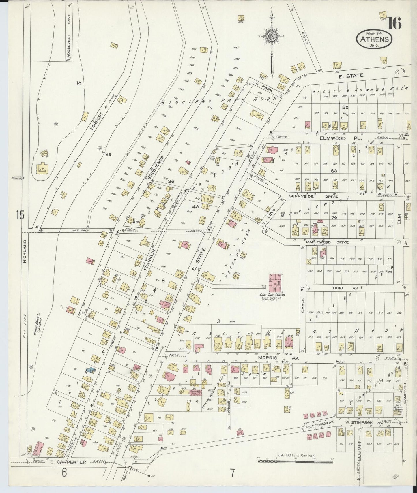 Sanborn Fire Insurance Map from Athens, Athens County, Ohio (1914), Sheet #0016 - Historic Sanborn Fire Insurance Map Print, vintage old map wall art, antique decor, genealogy gift, Ohio Ohio map