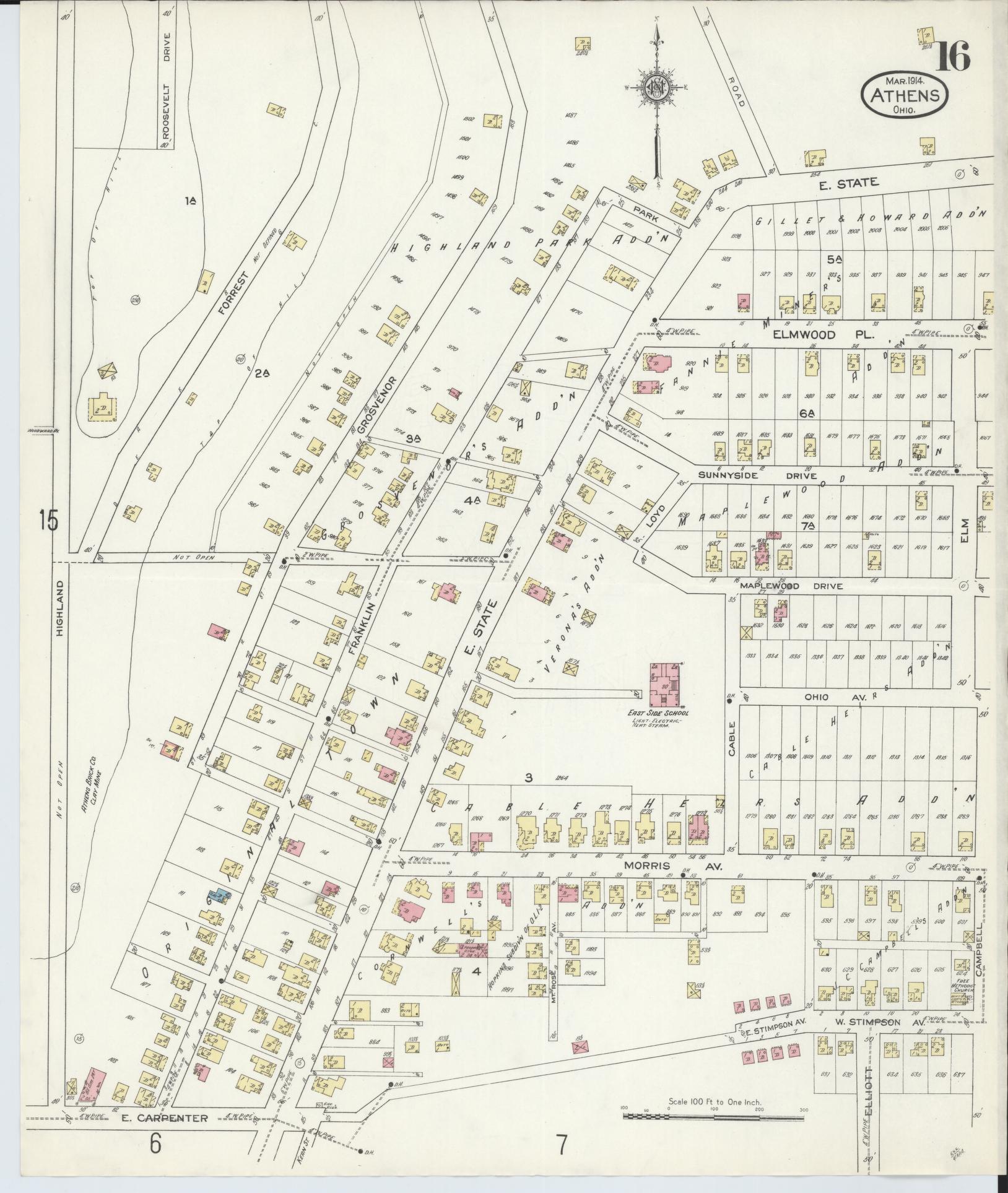 Sanborn Fire Insurance Map from Athens, Athens County, Ohio (1914), Sheet #0016 - Historic Sanborn Fire Insurance Map Print, vintage old map wall art, antique decor, genealogy gift, Ohio Ohio map
