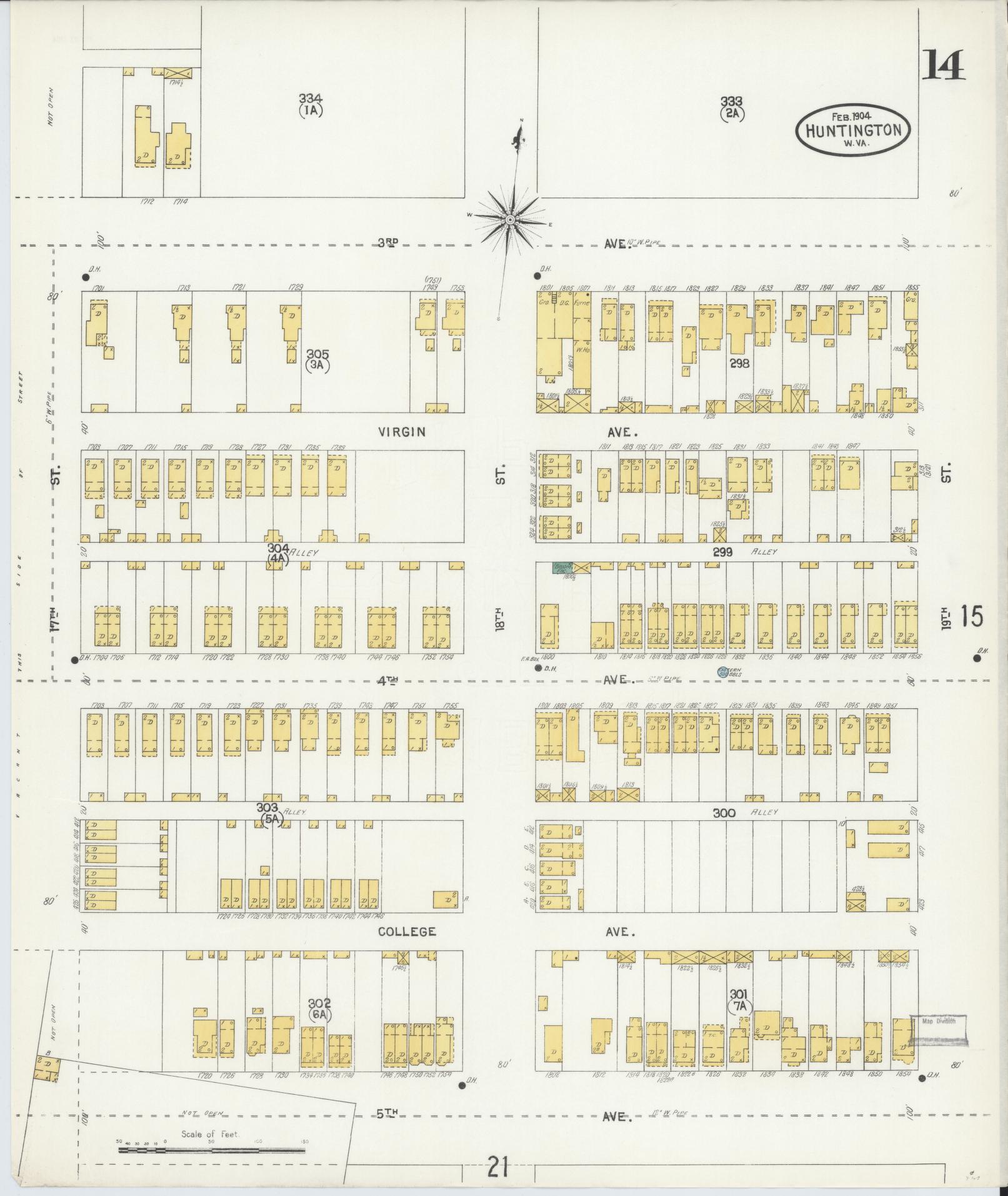 Sanborn Fire Insurance Map from Huntington, Cabell County, West Virginia (1904), Sheet #0014 - Complete Map Set gallery image, historic Sanborn map, vintage wall art, West Virginia West Virginia