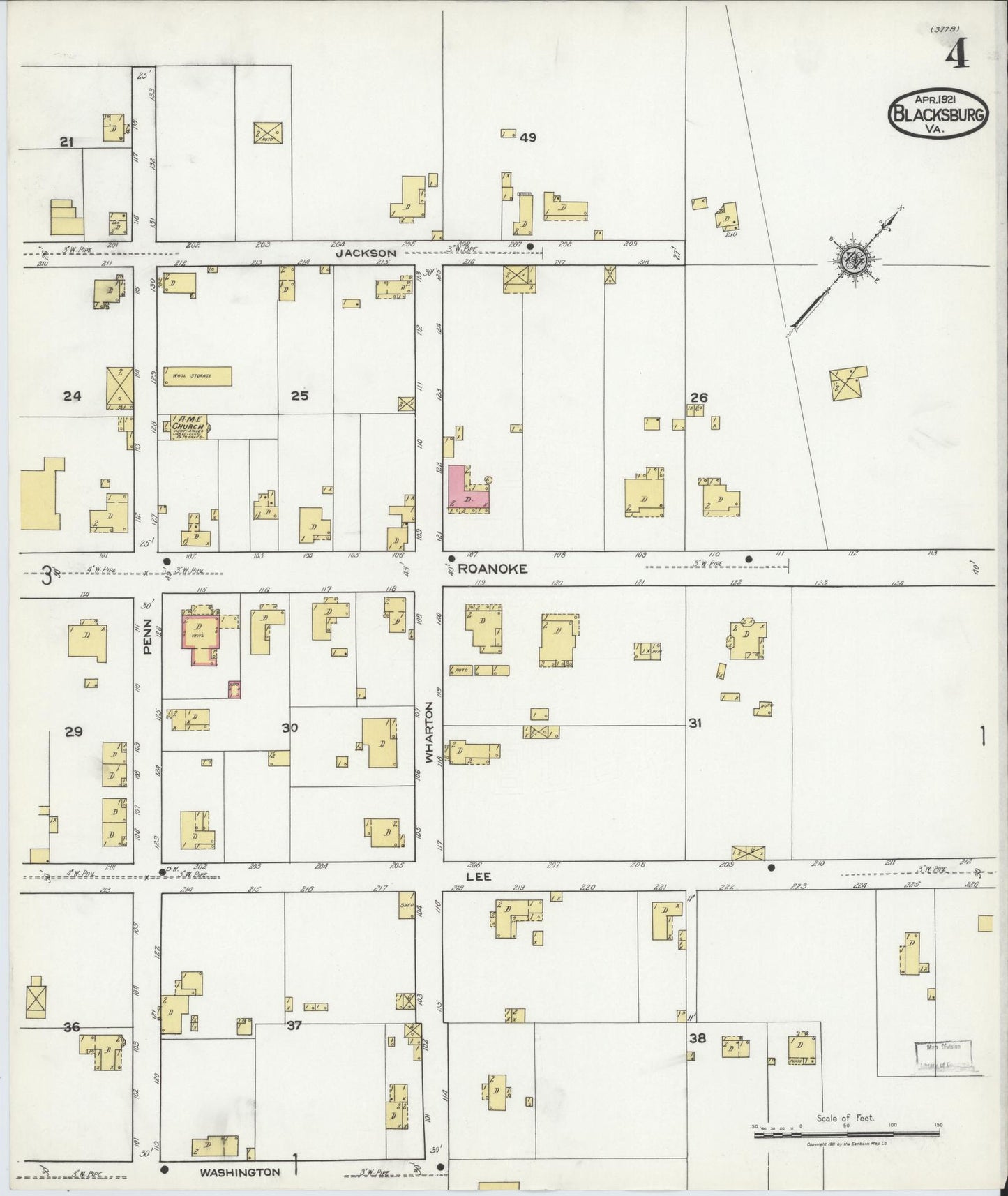 Sanborn Fire Insurance Map from Blacksburg, Montgomery County, Virginia (1921), Sheet #0004 - Historic Sanborn Fire Insurance Map Print, vintage old map wall art, antique decor, genealogy gift, Virginia Virginia map
