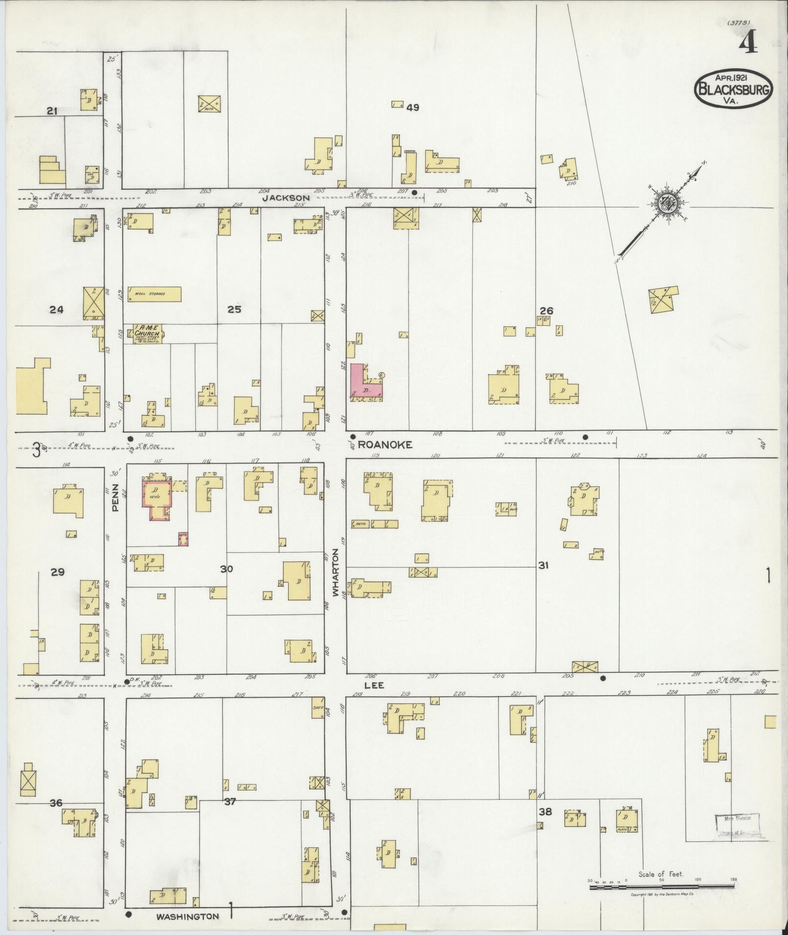 Sanborn Fire Insurance Map from Blacksburg, Montgomery County, Virginia (1921), Sheet #0004 - Historic Sanborn Fire Insurance Map Print, vintage old map wall art, antique decor, genealogy gift, Virginia Virginia map