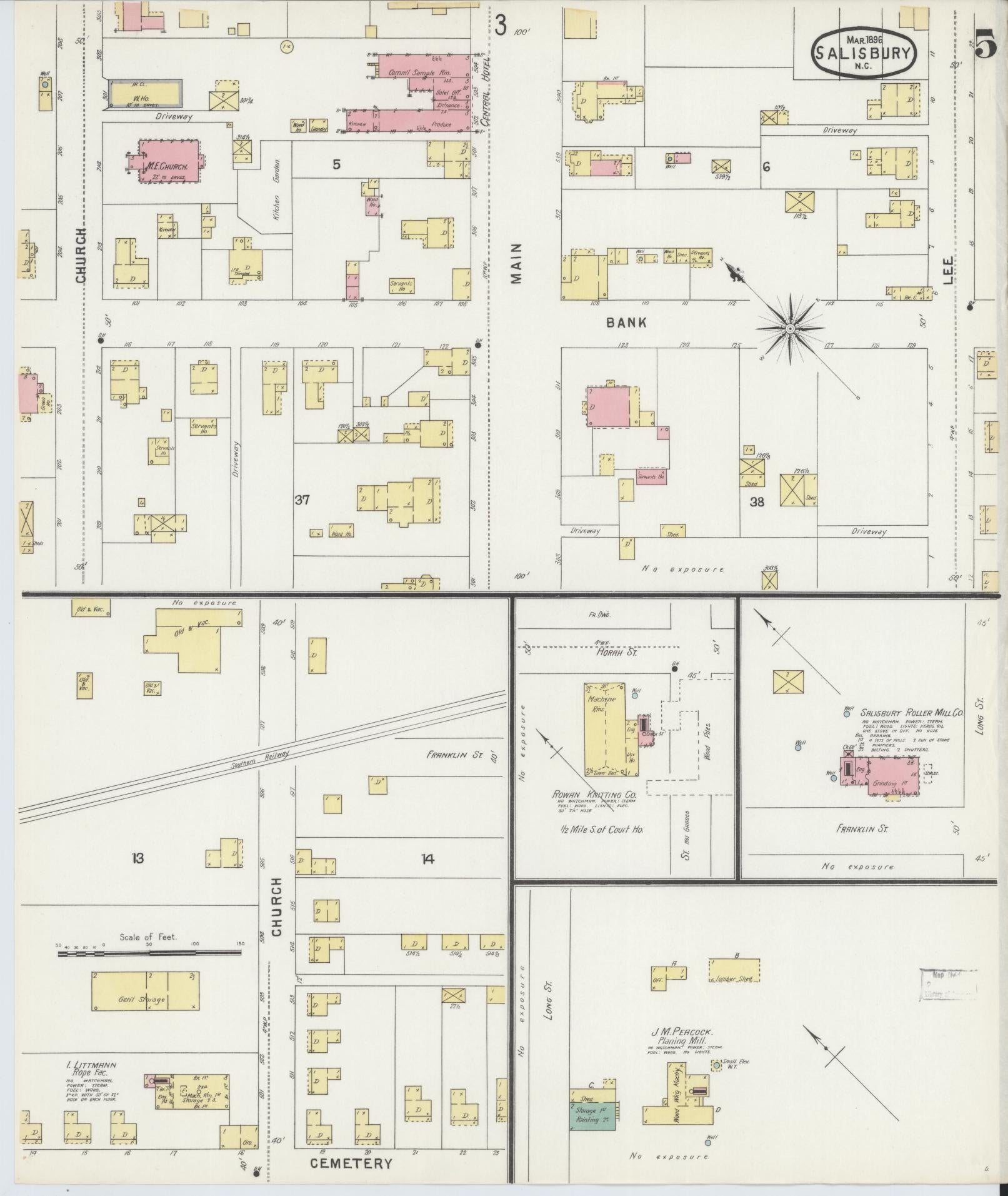 Sanborn Fire Insurance Map from Salisbury, Rowan County, North Carolina (1896), Sheet #0005 - Historic Sanborn Fire Insurance Map Print, vintage old map wall art, antique decor, genealogy gift, North Carolina North Carolina map