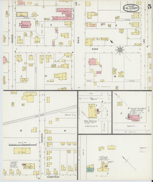 Sanborn Fire Insurance Map from Salisbury, Rowan County, North Carolina (1896), Sheet #0005 - Historic Sanborn Fire Insurance Map Print, vintage old map wall art, antique decor, genealogy gift, North Carolina North Carolina map