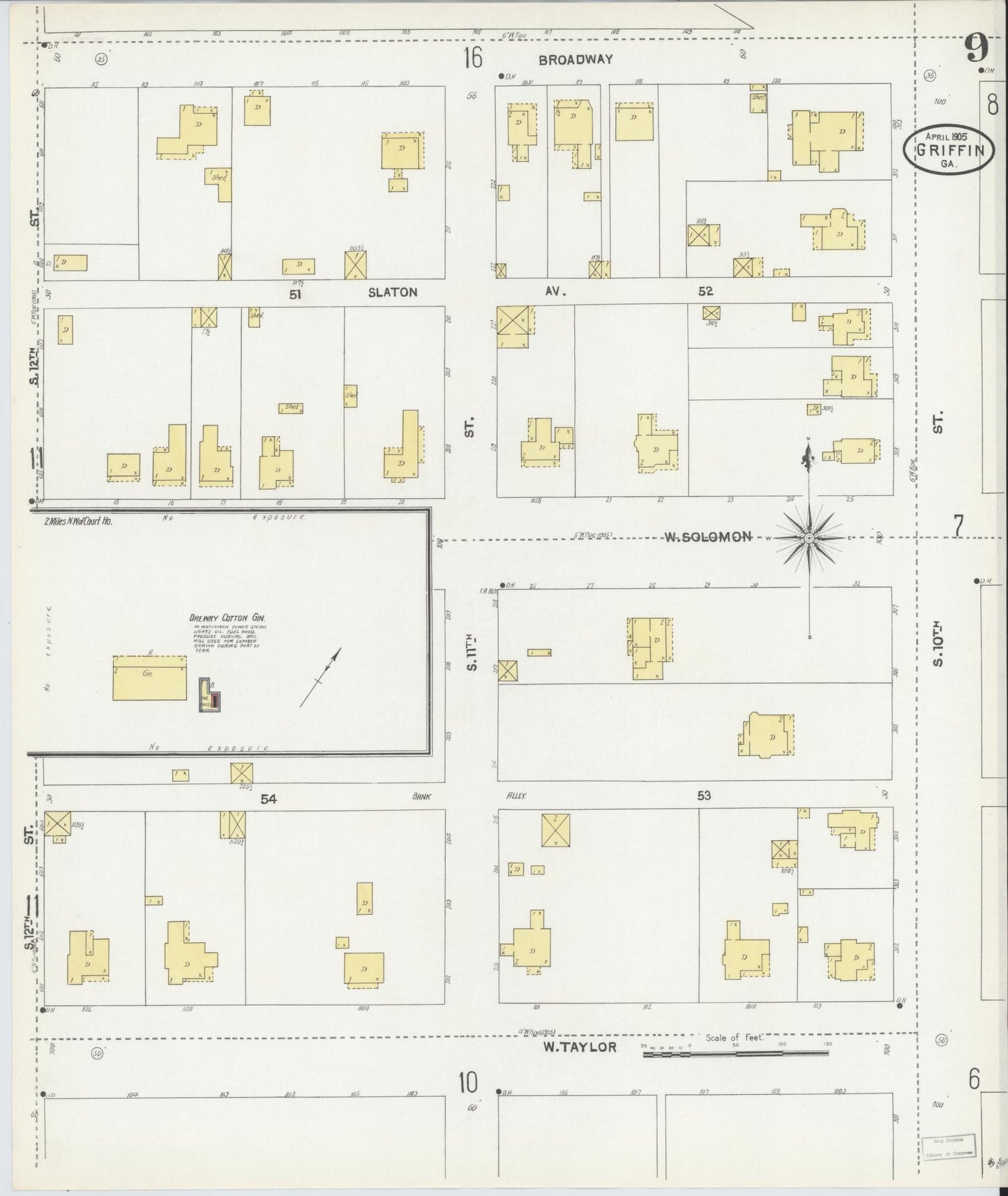 Sanborn Fire Insurance Map from Griffin, Spalding County, Georgia (1905), Sheet #0009 - Complete Map Set gallery image, historic Sanborn map, vintage wall art, Georgia Georgia