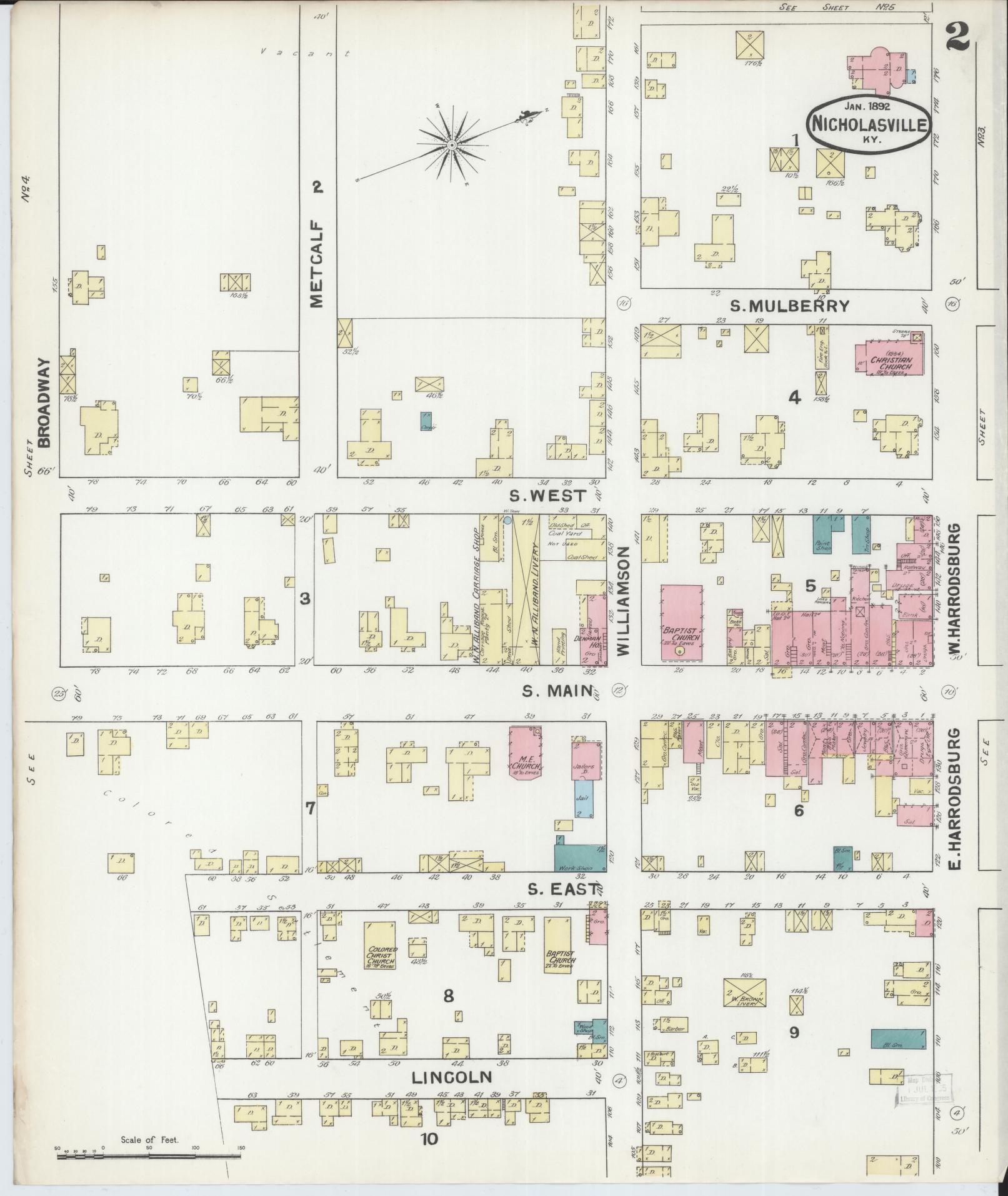 Sanborn Fire Insurance Map from Nicholasville, Jessamine County, Kentucky (1892), Sheet #0002 - Historic Sanborn Fire Insurance Map Print, vintage old map wall art, antique decor, genealogy gift, Kentucky Kentucky map