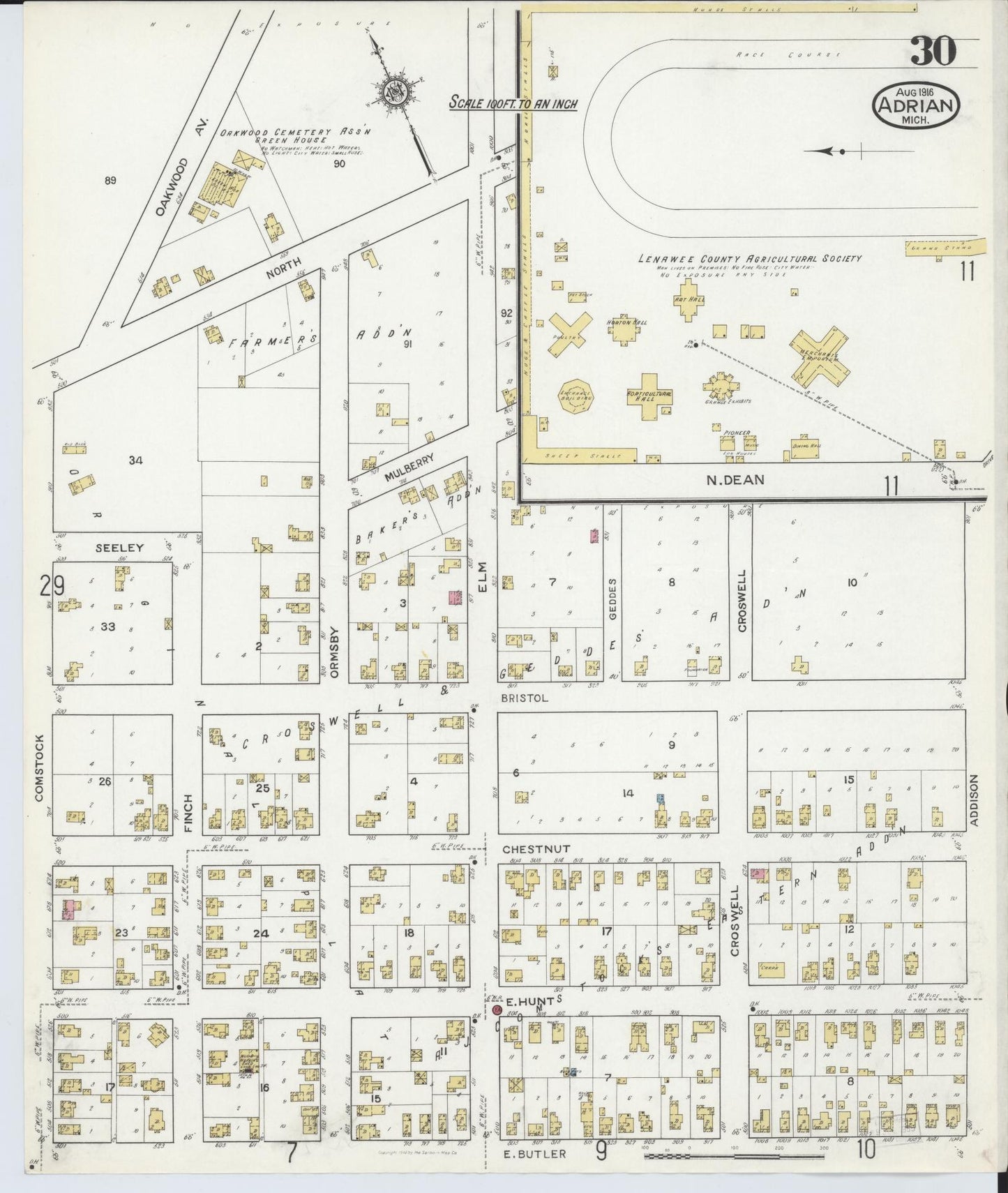 Sanborn Fire Insurance Map from Adrian, Lenawee County, Michigan (1916), Sheet #0030 - Complete Map Set gallery image, historic Sanborn map, vintage wall art, Michigan Michigan