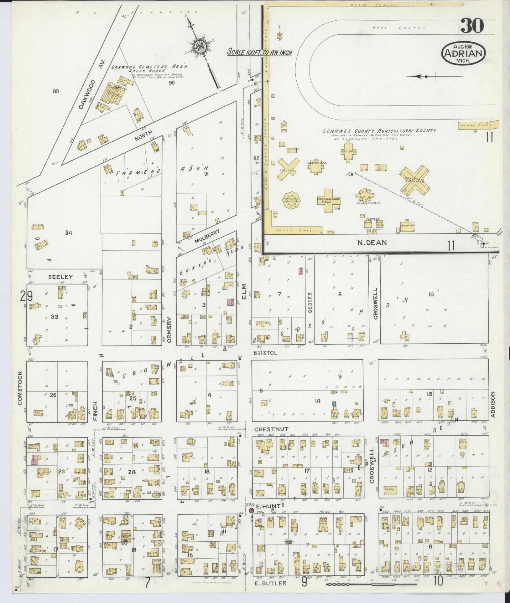Sanborn Fire Insurance Map from Adrian, Lenawee County, Michigan (1916), Sheet #0030 - Complete Map Set gallery image, historic Sanborn map, vintage wall art, Michigan Michigan