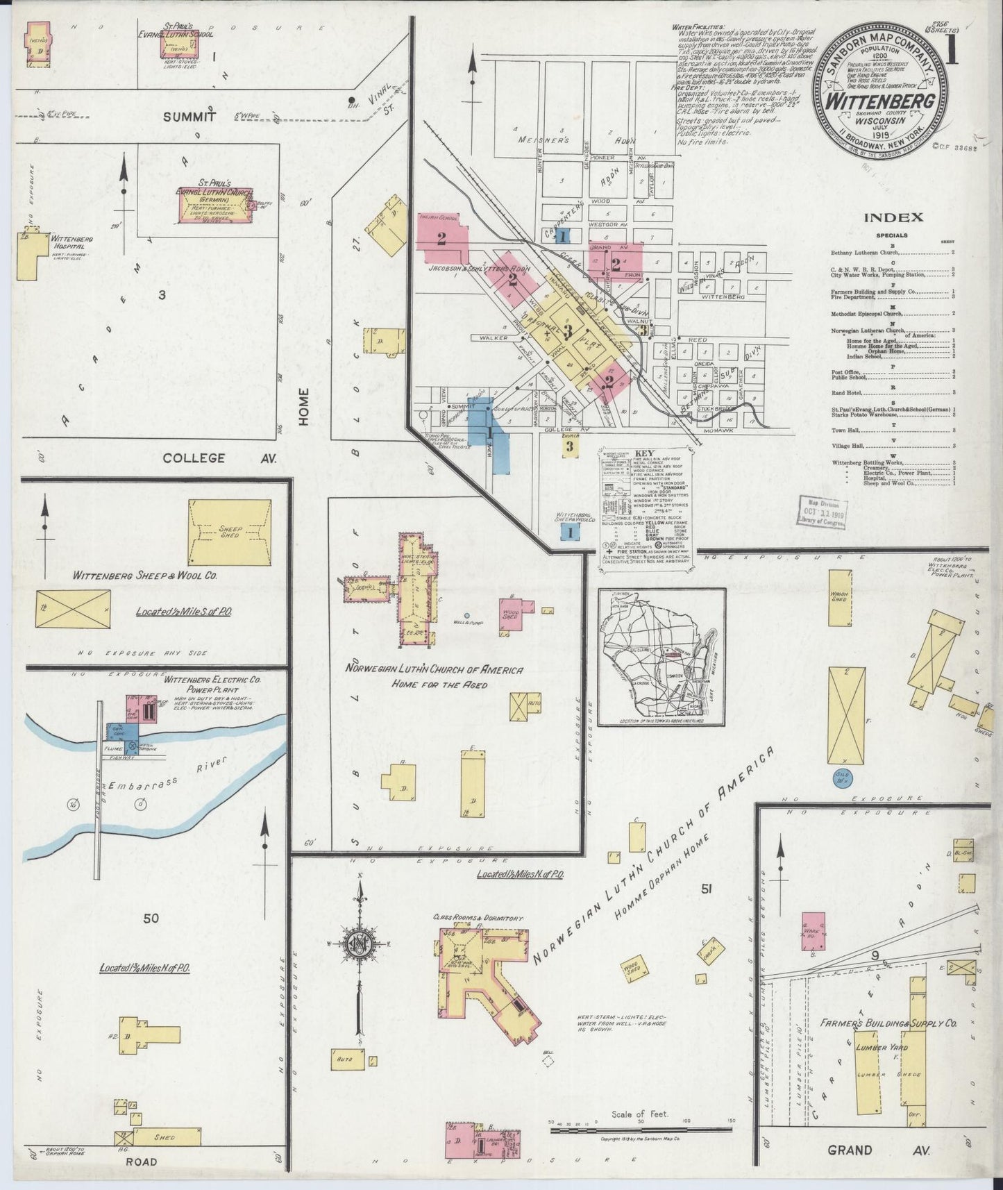 Sanborn Fire Insurance Map from Wittenberg, Shawano County, Wisconsin (1919), Sheet #0001 - Historic Sanborn Fire Insurance Map Print, vintage old map wall art, antique decor, genealogy gift, Wisconsin Wisconsin map
