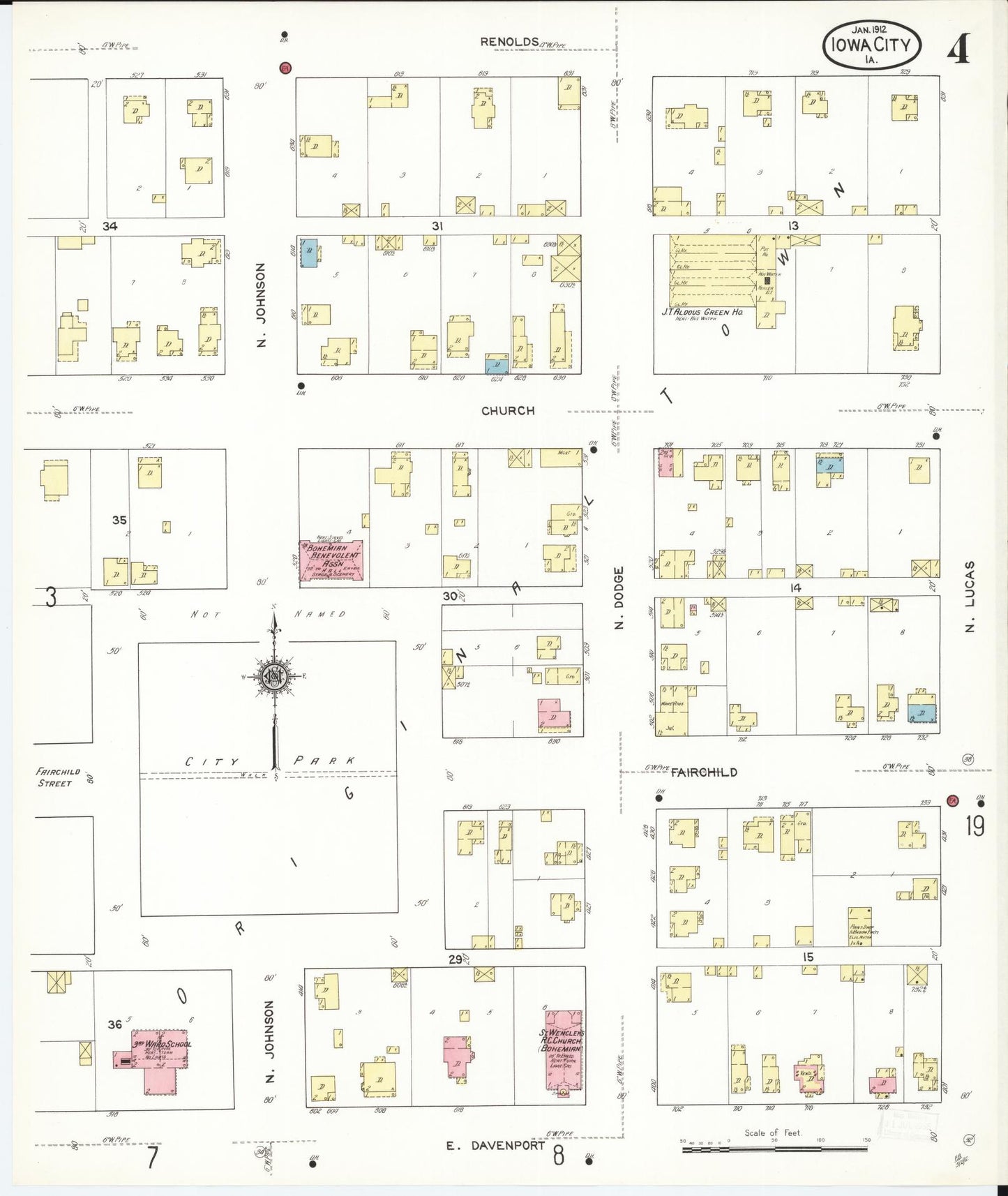 Sanborn Fire Insurance Map from Iowa City, Johnson County, Iowa (1912), Sheet #0004 - Historic Sanborn Fire Insurance Map Print, vintage old map wall art
