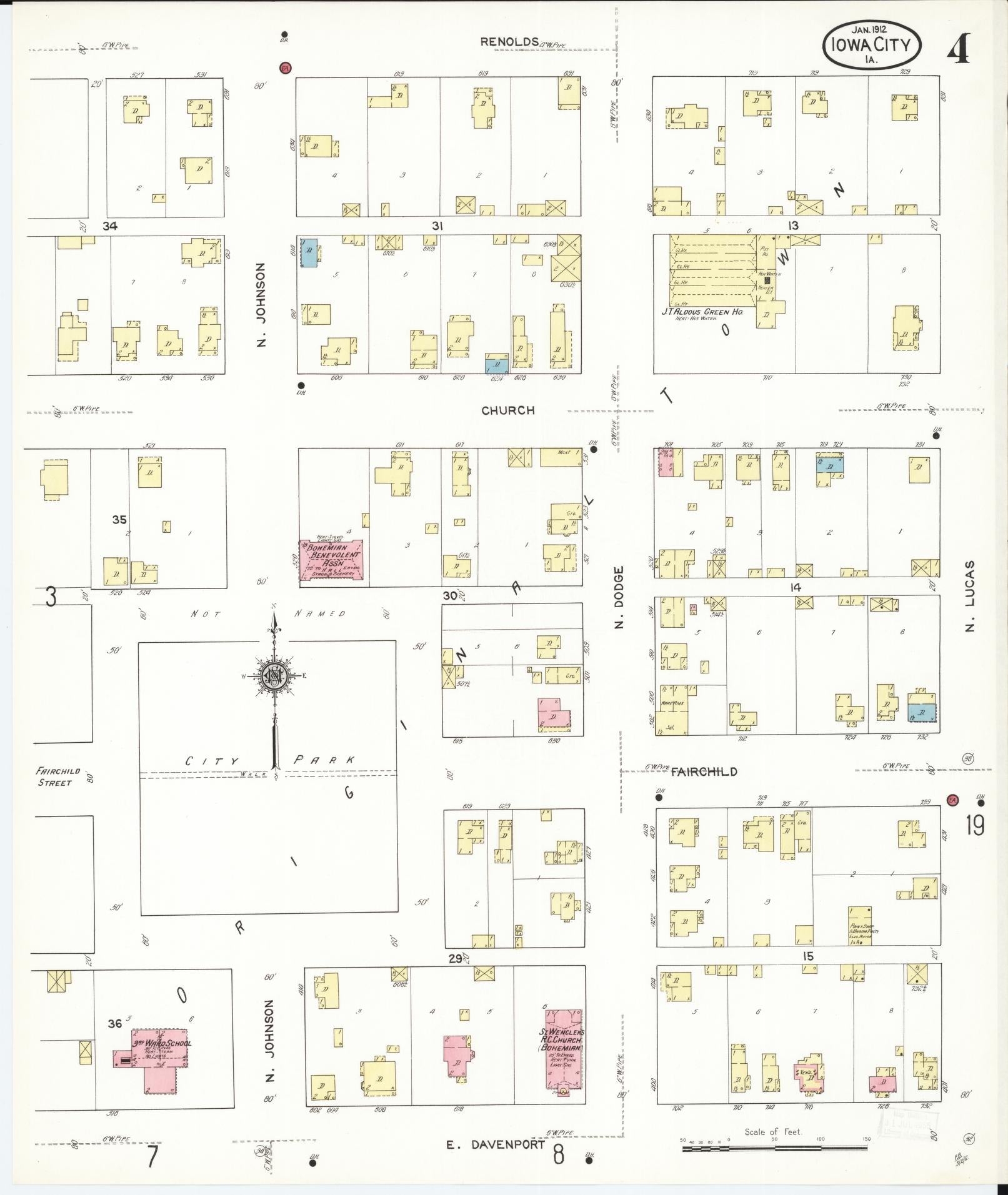 Sanborn Fire Insurance Map from Iowa City, Johnson County, Iowa (1912), Sheet #0004 - Historic Sanborn Fire Insurance Map Print, vintage old map wall art