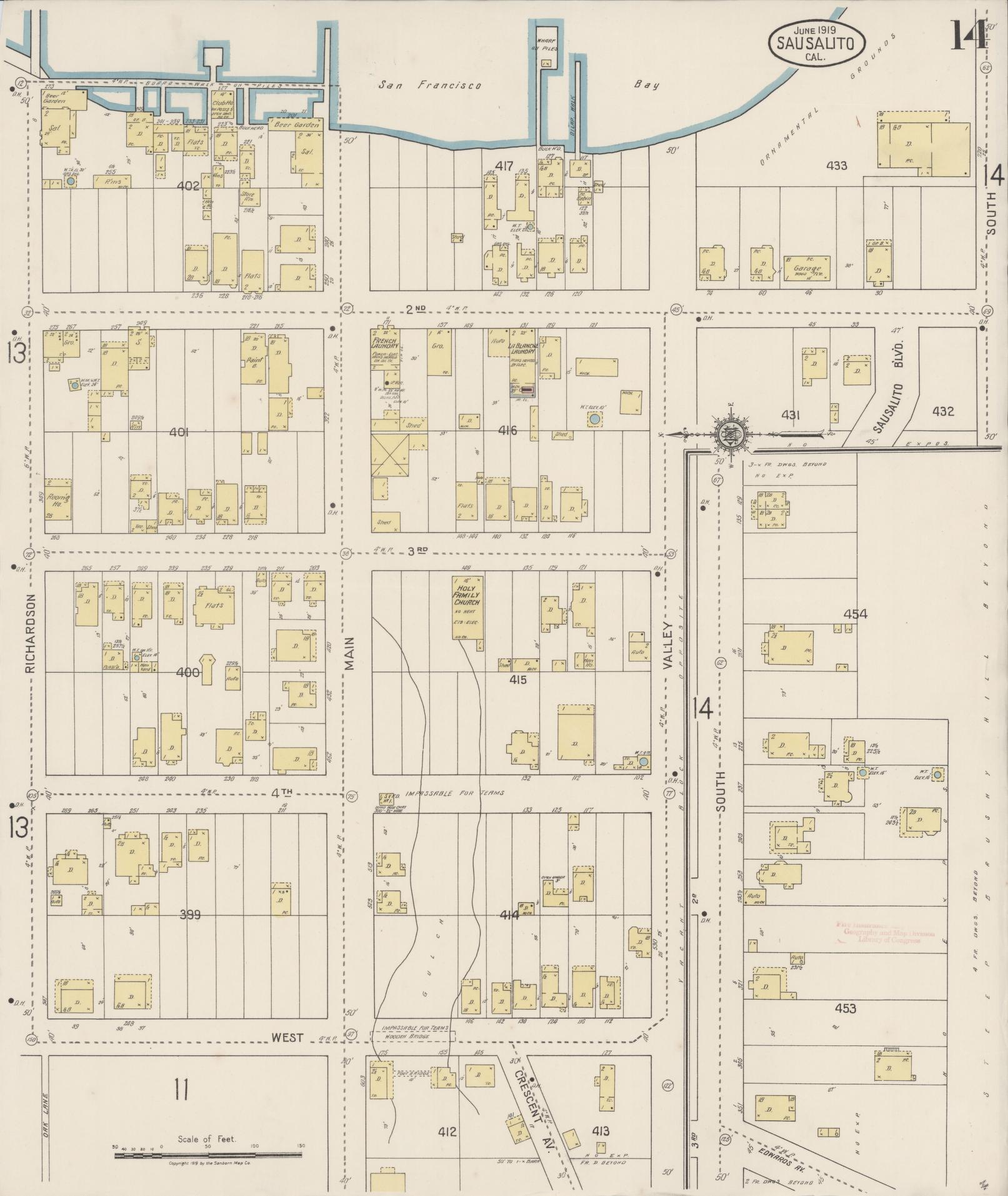 Sanborn Fire Insurance Map from Sausalito, Marin County, California (1919), Sheet #0014 - Complete Map Set gallery image, historic Sanborn map, vintage wall art, California California
