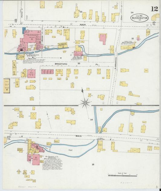Sanborn Fire Insurance Map from Bennington, Bennington County, Vermont (1906), Sheet #0012 - Historic Sanborn Fire Insurance Map Print, vintage old map wall art, antique decor, genealogy gift, Vermont Vermont map