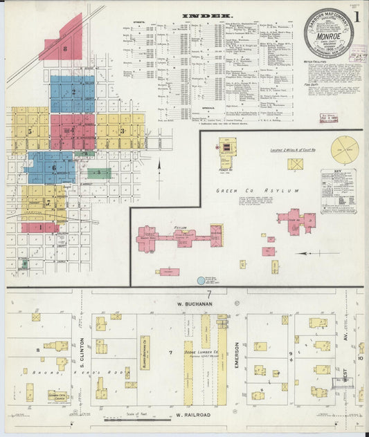 Sanborn Fire Insurance Map from Monroe, Green County, Wisconsin (1908), Sheet #0001 - Historic Sanborn Fire Insurance Map Print, vintage old map wall art, antique decor, genealogy gift, Wisconsin Wisconsin map