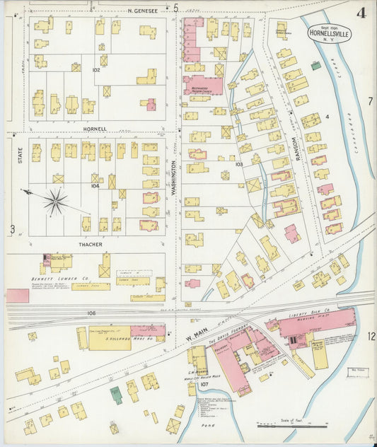 Sanborn Fire Insurance Map from Hornell, Steuben County, New York (1904), Sheet #0004 - Historic Sanborn Fire Insurance Map Print, vintage old map wall art, antique decor, genealogy gift, New York New York map